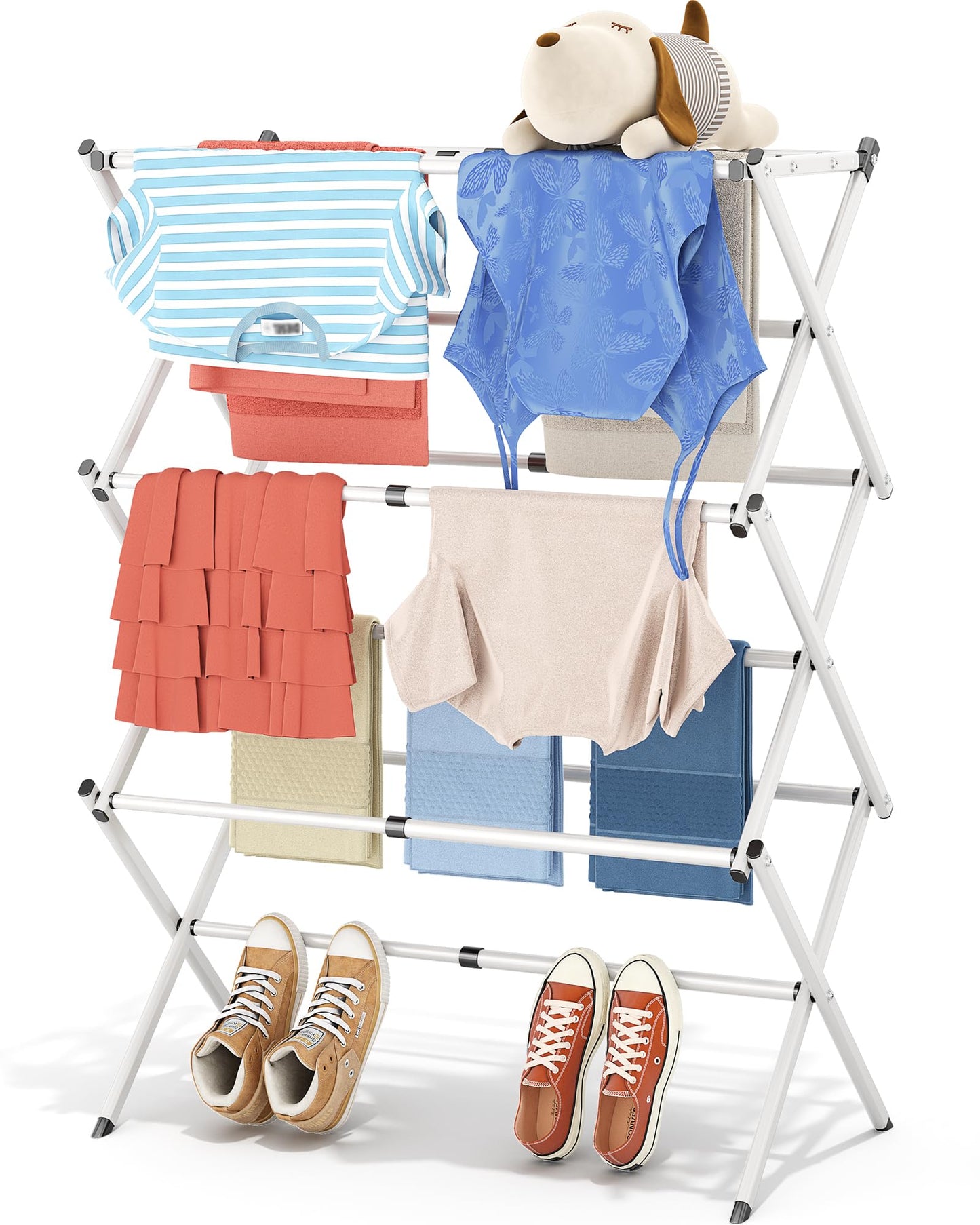 APEXCHASER Clothes Drying Rack Folding - 3 Tier Laundry Drying Rack for Clothes, Expandable Metal Clothing Dryer, Collapsible Towel Rack, Air Drying Rack, White