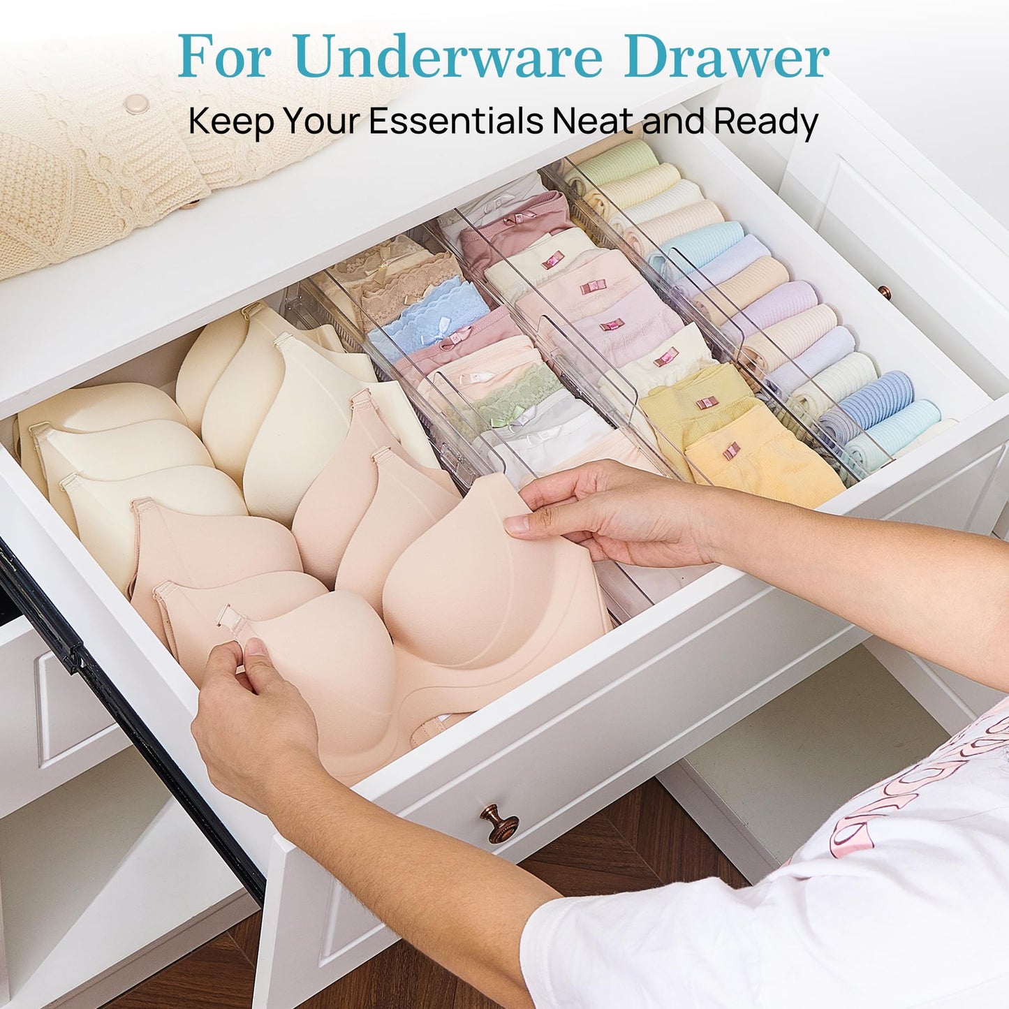 Vtopmart 8 Pack Drawer Dividers for Clothes, 4" High 10.2"-16.5" Adjustable Expandable Dresser Drawer Organizer, Clear Plastic Separators for Dresser, Baby Clothing, Underwear, Cosmetic, Toiletries