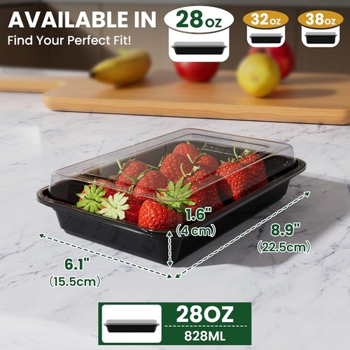 28oz Meal Prep Containers by [Brand Name] - 50-Pack Reusable Bento Boxes with Leakproof Lids | Microwave & Dishwasher Safe, BPA-Free (Black)