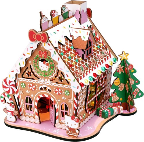 Hands Craft Hello Kitty Gingerbread House Kit - DIY Wooden 3D Puzzle for Holiday Decor | Fun Craft for Ages 14+