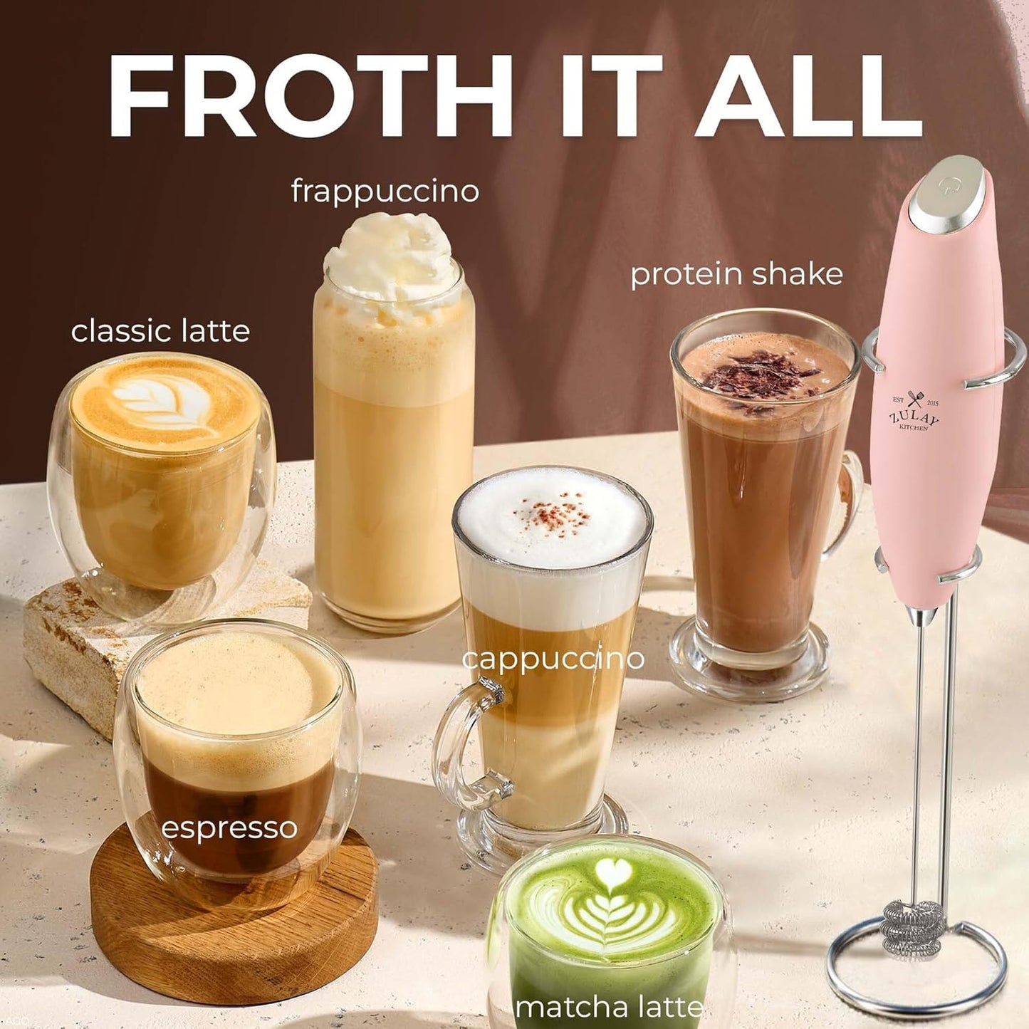 Zulay Kitchen Tornado Triple Whisk Milk Frother - Handheld Foam Maker for Coffee & Lattes - Spritz Pink