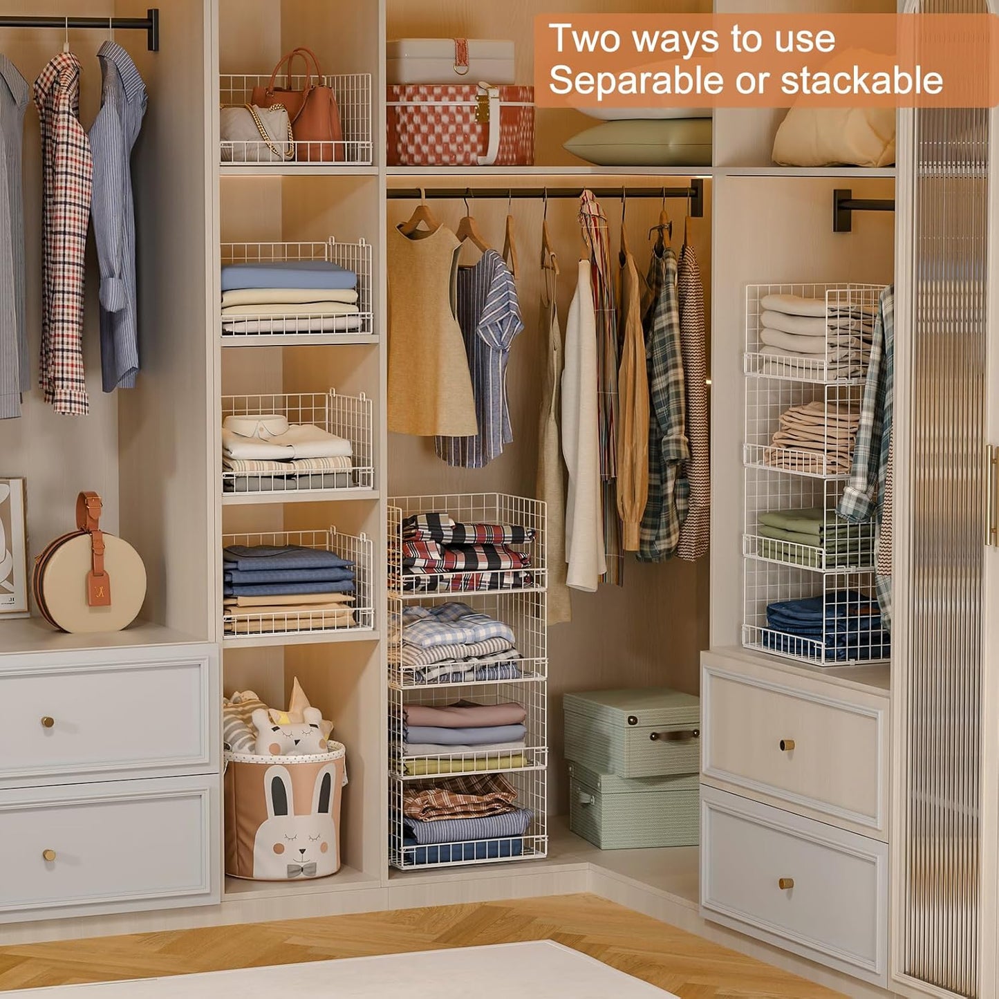 Yociyoga 4-Tier Closet Organizer - Space-Saving Foldable Storage Baskets for Wardrobe - White
