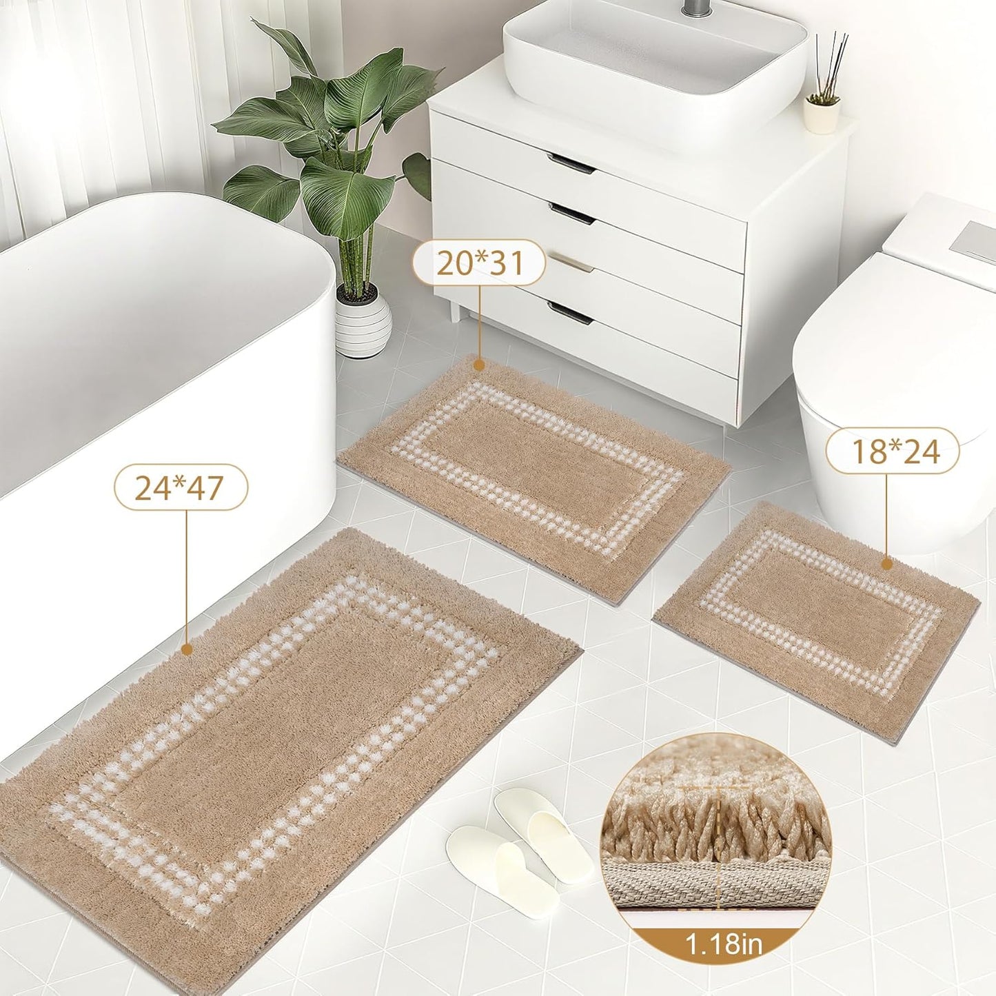Skiennix Beige Bathroom Rugs - Non-Slip Washable Microfiber Mats | Super Soft & Absorbent 20x31 Inches