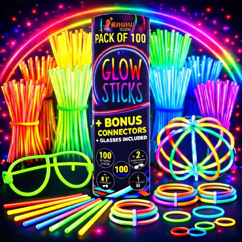 Ammy Glow Glow Sticks (205 Pcs Kit) Bulk Party Pack-100 Pack Glow Sticks with Connectors & Glasses- Party Favors for Kids 8-12- Neon Glow in The Dark Party Supplies for Birthdays & Events