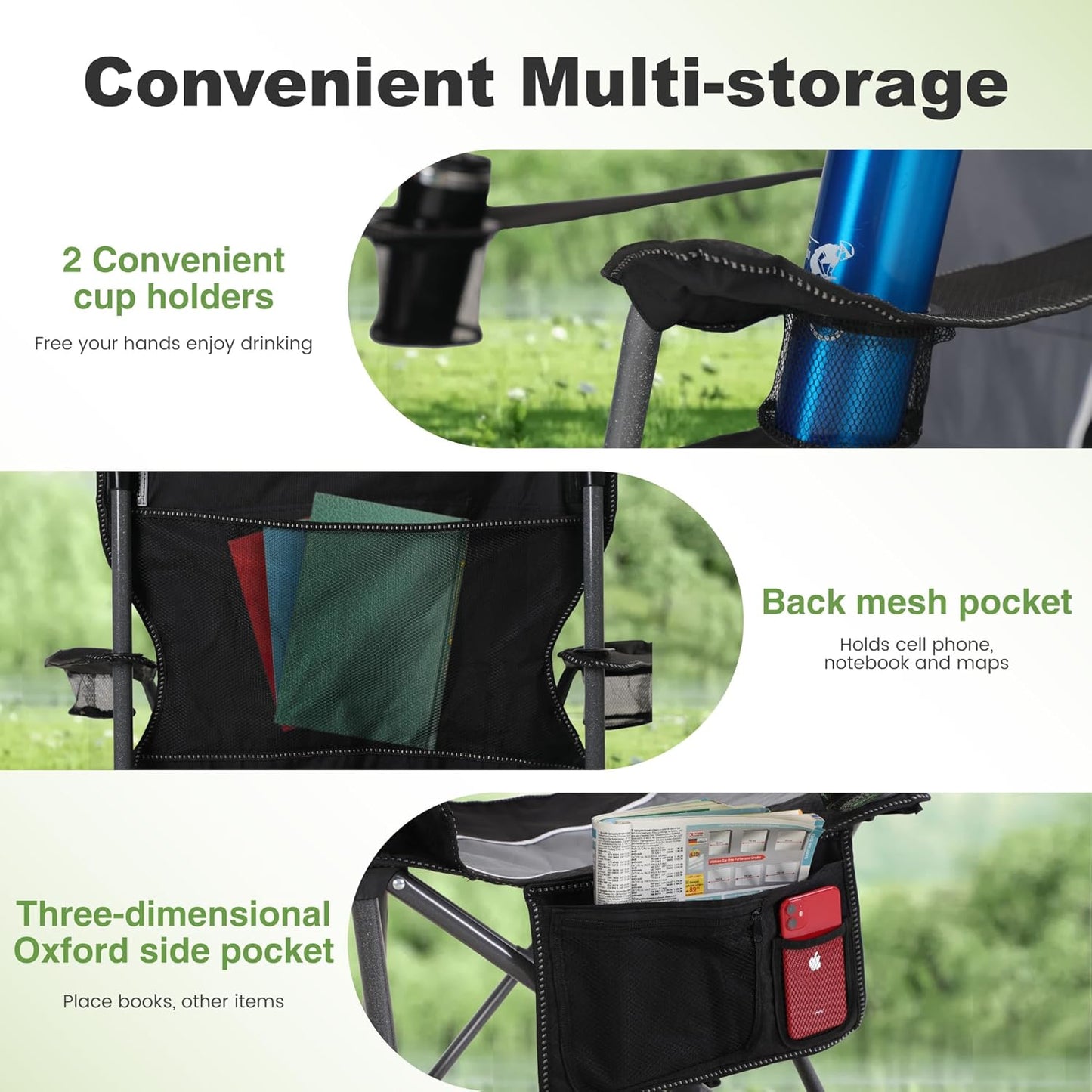 LET'S CAMP Oversized Camping Chair - Heavy Duty 350 LBS Capacity, 2 Pack with Cup Holder & Storage Bag | Grey