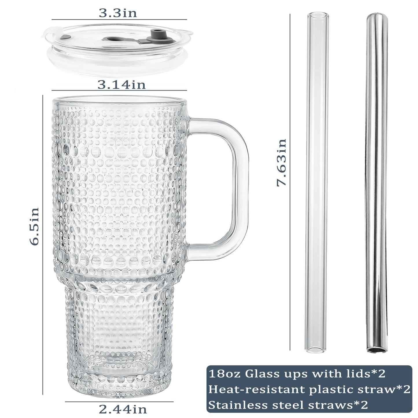 WACOI Thick Hobnail Glass Cup with Lids and Straws, Upgraded Version Iced Coffee Tumbler Cups with Stainless Steel Straws and Leak-proof Sealing Lid 2 Pack 18 oz