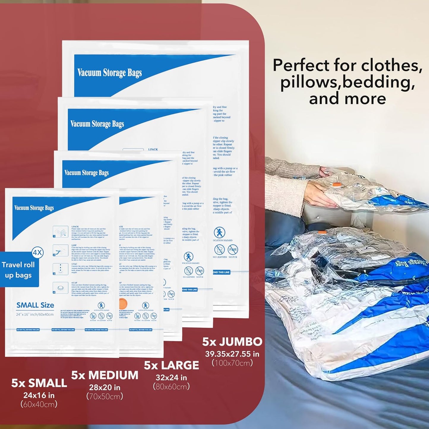 Skiennix Vacuum Seal Bags - Space-Saving Travel & Home Storage | 24-Pack with Electric Pump for Clothes, Blankets, and Comforters
