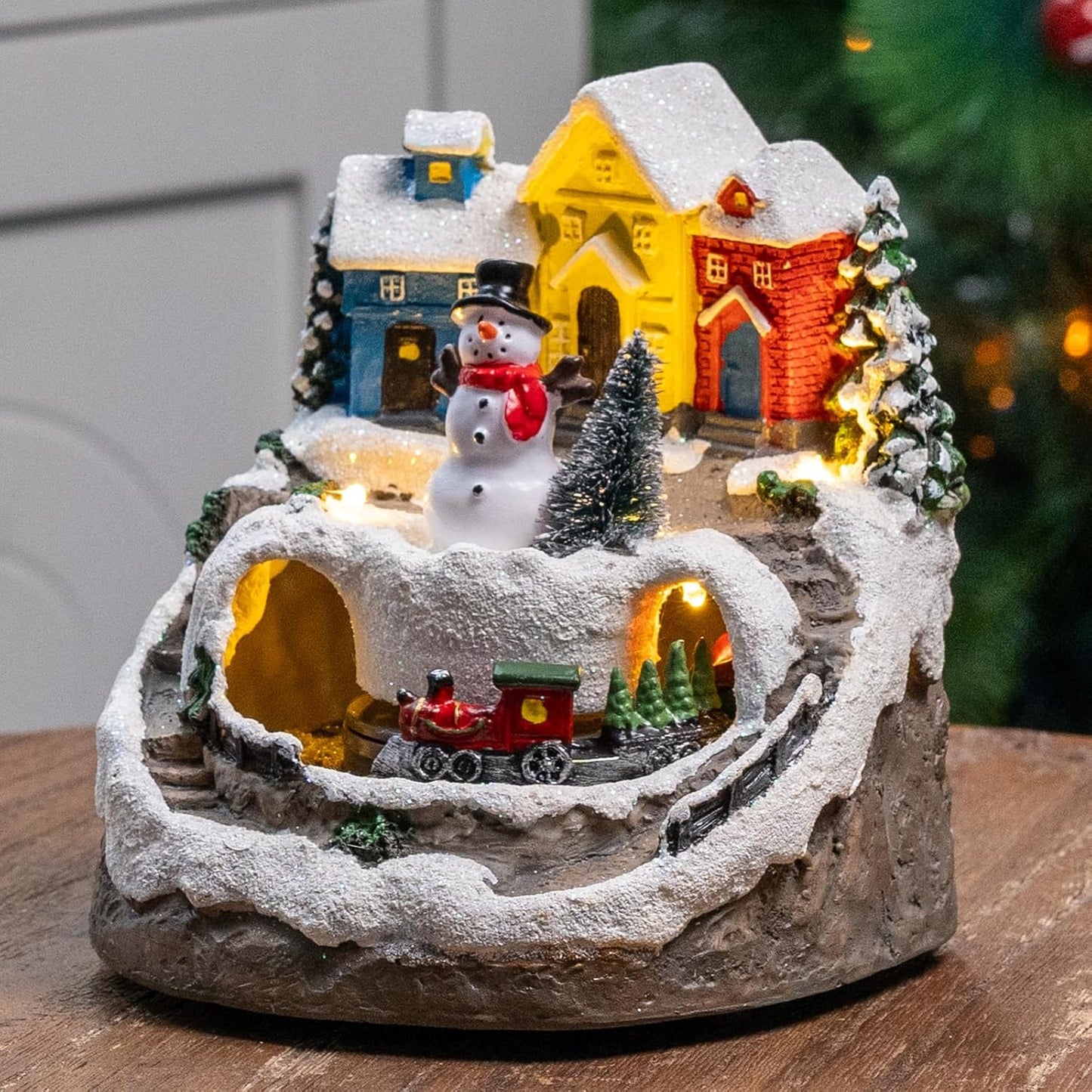 MXwcy Christmas Village House - Moving Train & Music, LED Lighted Snowman Figurine | Holiday Decor Collectible