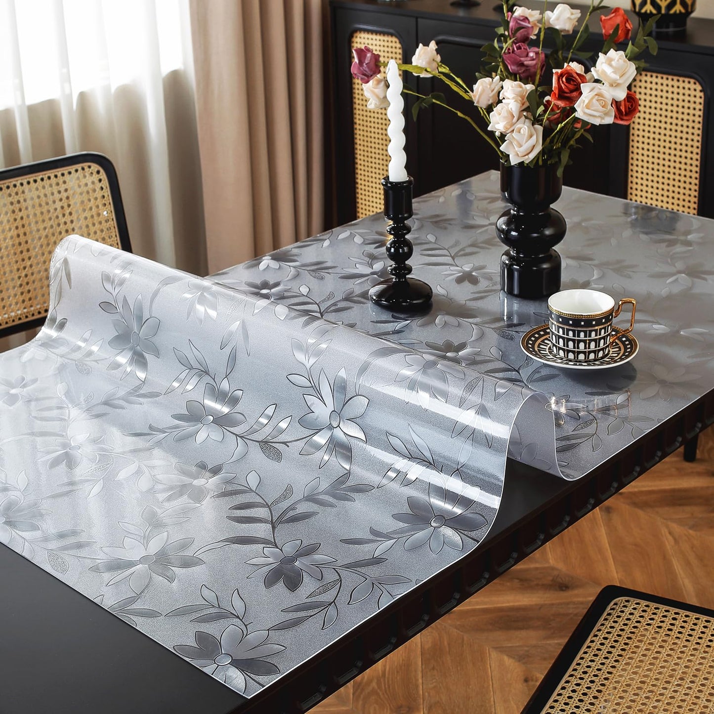 OstepDecor Floral Table Protector 36 x 60 Inch, 1.5mm Thick Plastic Table Cover, Waterproof Dining Tabletop Protector Rectangle Vinyl Tablecloth PVC Desk Pad Mat for Kitchen, Wooden Table