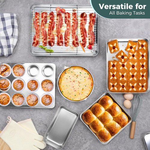E-far 12-Piece Stainless Steel Bakeware Set - Multi-Functional Pans with Lids for Cakes, Muffins & Pizza