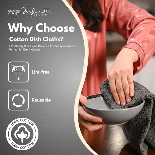 Infinitee Xclusives Premium Cotton Dish Cloths - Ultra Soft & Highly Absorbent | 12 x 12 Inches | Pack of 4 | Grey