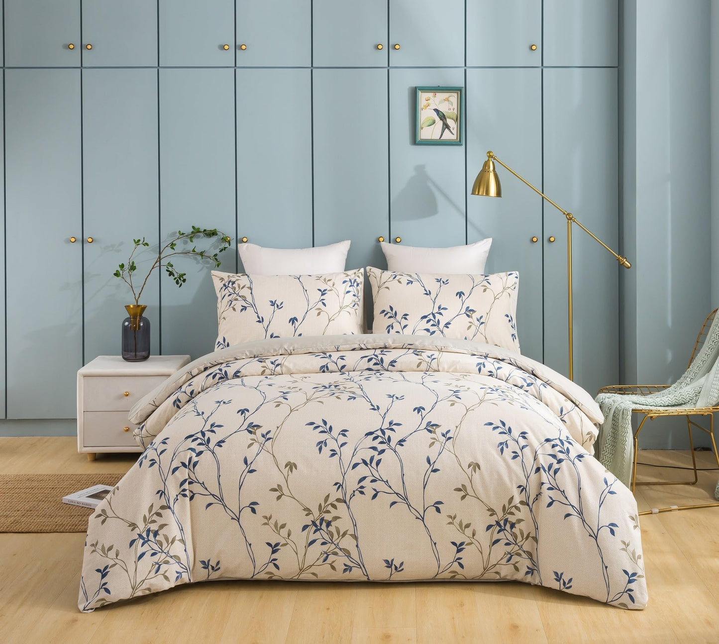 Tache Elegant Leaf Vine Nature Earthy Floral Neutral Cream Beige Tan Blue Breathable Poplin Cotton Zipper Duvet Cover, California King