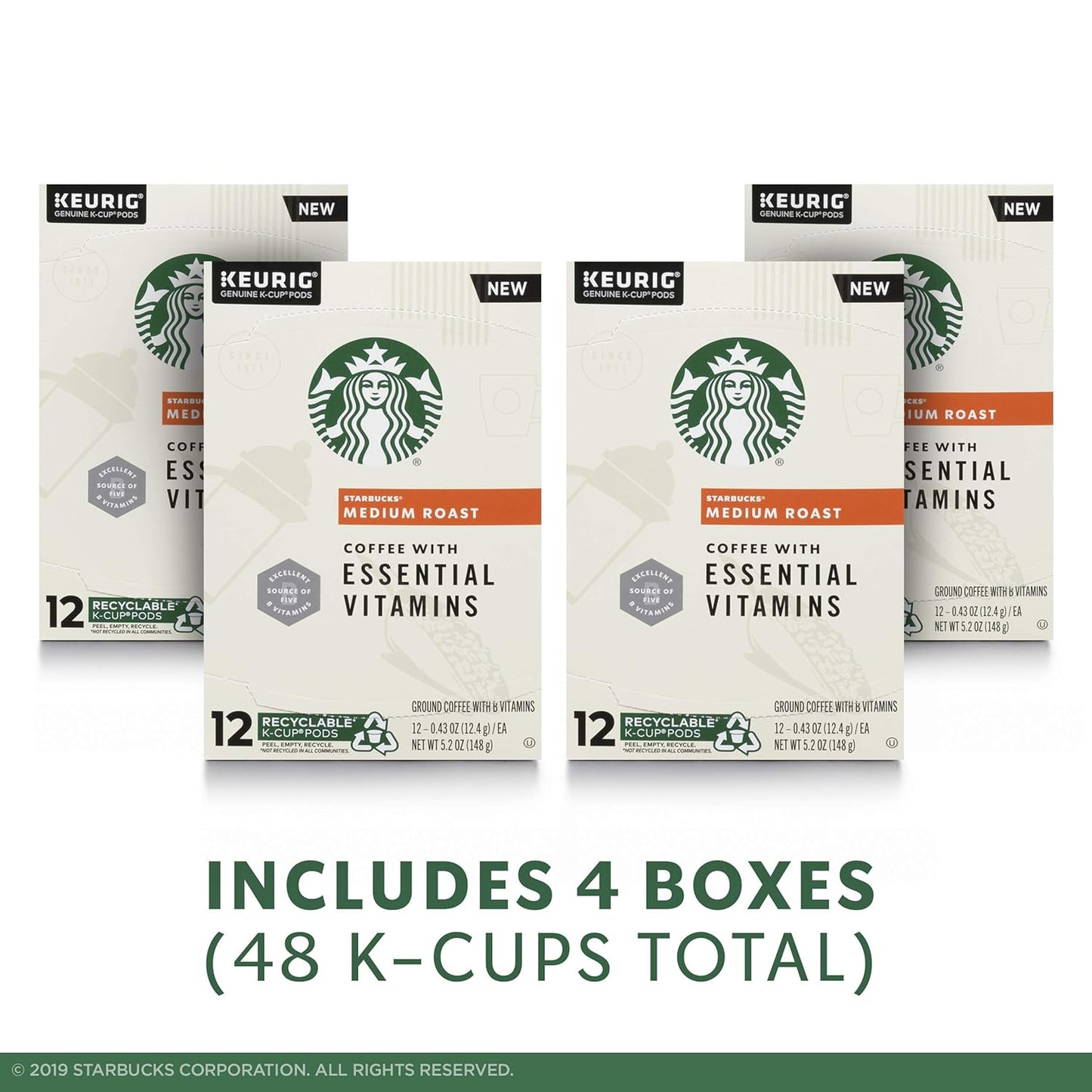 Starbucks Medium Roast K-Cup Coffee Pods - Essential B Vitamins for Keurig Brewers | 48 Pods (4 Boxes)