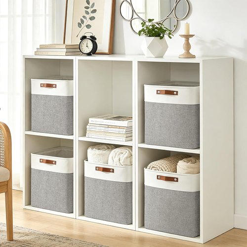 Bagnizer Large Fabric Storage Baskets - 50L Decorative Linen Bins with Handles for Home & Office | Grey & White, 17x12x15 Inches