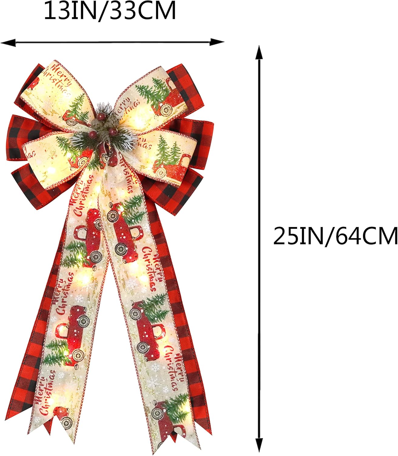 Skiennix Christmas Tree Topper Bow - 30 LED Lights & Rustic Buffalo Plaid Design | 13”x25” Red & Black Wreath Decor
