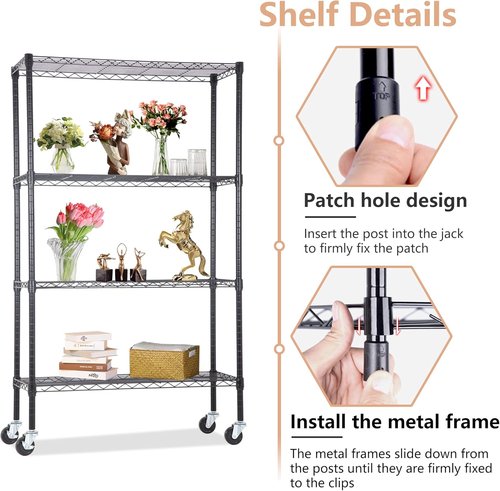 BestOffice 4-Tier Wire Storage Shelves with Wheels - Adjustable Heavy-Duty Metal Rack | 36x14x62 | Black | Holds Up to 500 lbs | No-Tool Assembly for Home & Garage