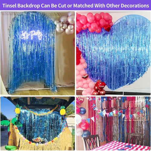 Blue Streamers Party Decorations 3.3x8.2ft, 2 Pack Dark Blue Tinsel Backdrop for Ocean Themed Party Decor, Glitter Blue Foil Fringe Curtains for Door Decorations Hanging Birthday Baby Shower Halloween