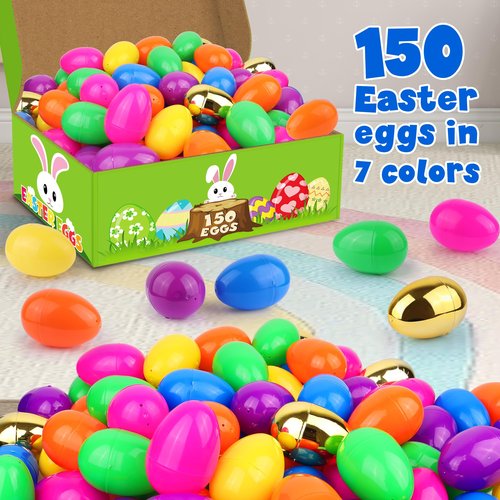 Grastfu 150 Pack 3 Inch Large Plastic Easter Eggs Bulk Include 6 Surprise Golden Eggs, Colorful Fillable Easter Egg Empty for Easter Hunt, Easter Basket Stuffers Fillers, Theme Party Favors Prize