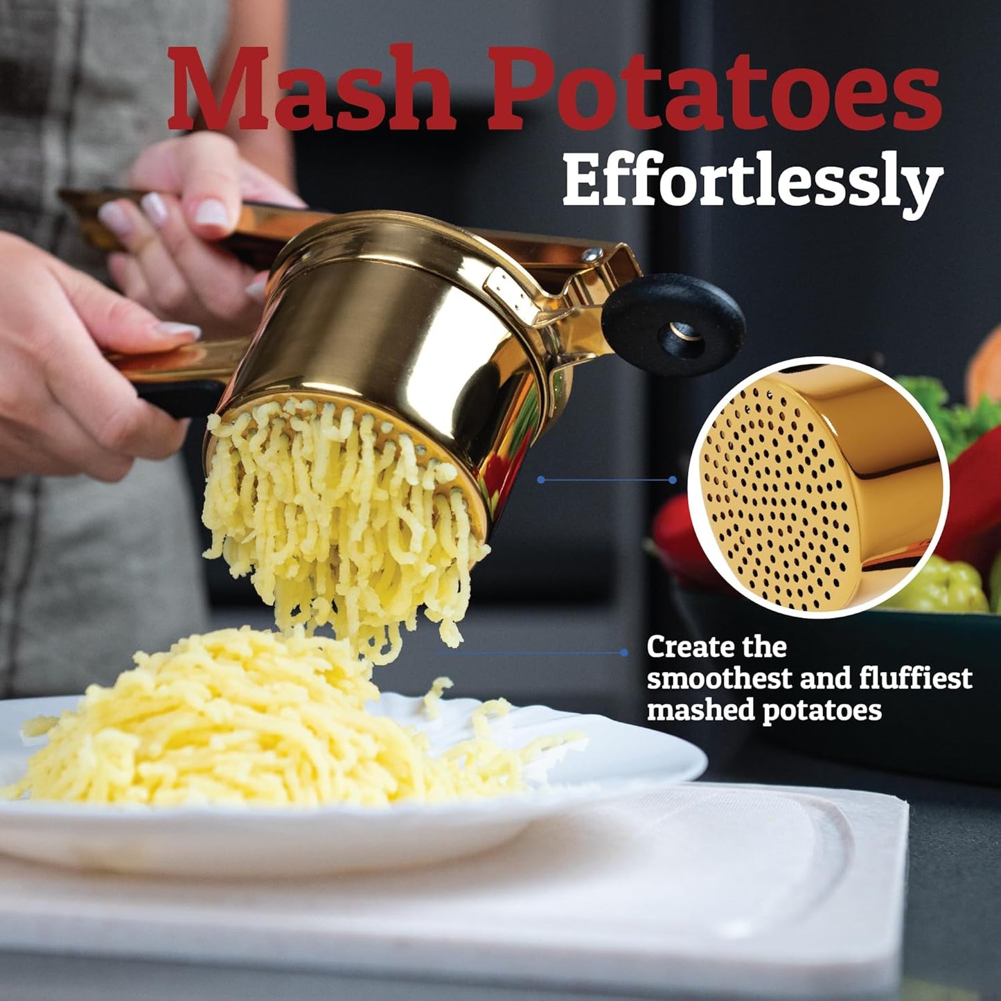 PriorityChef 15oz Potato Ricer - Heavy Duty Stainless Steel Masher for Perfect Mashed Potatoes | Gold & Black