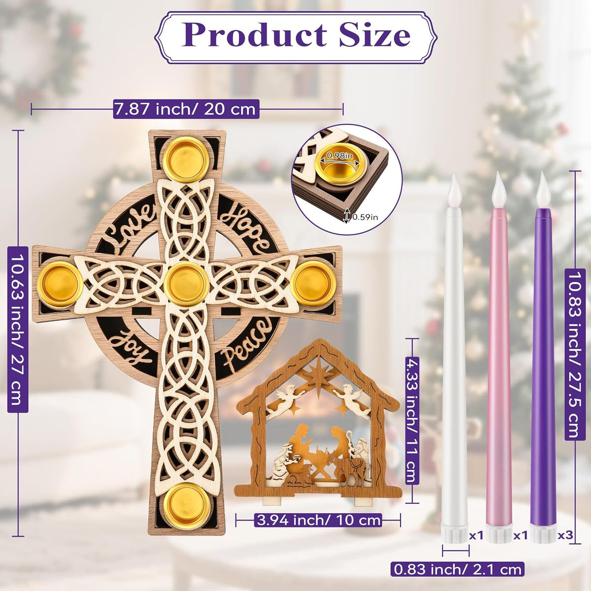 Skiennix Christmas Advent Wreath Candle Holder - 5 Pcs Flameless Candles & Wood Cross Nativity Scene Decor
