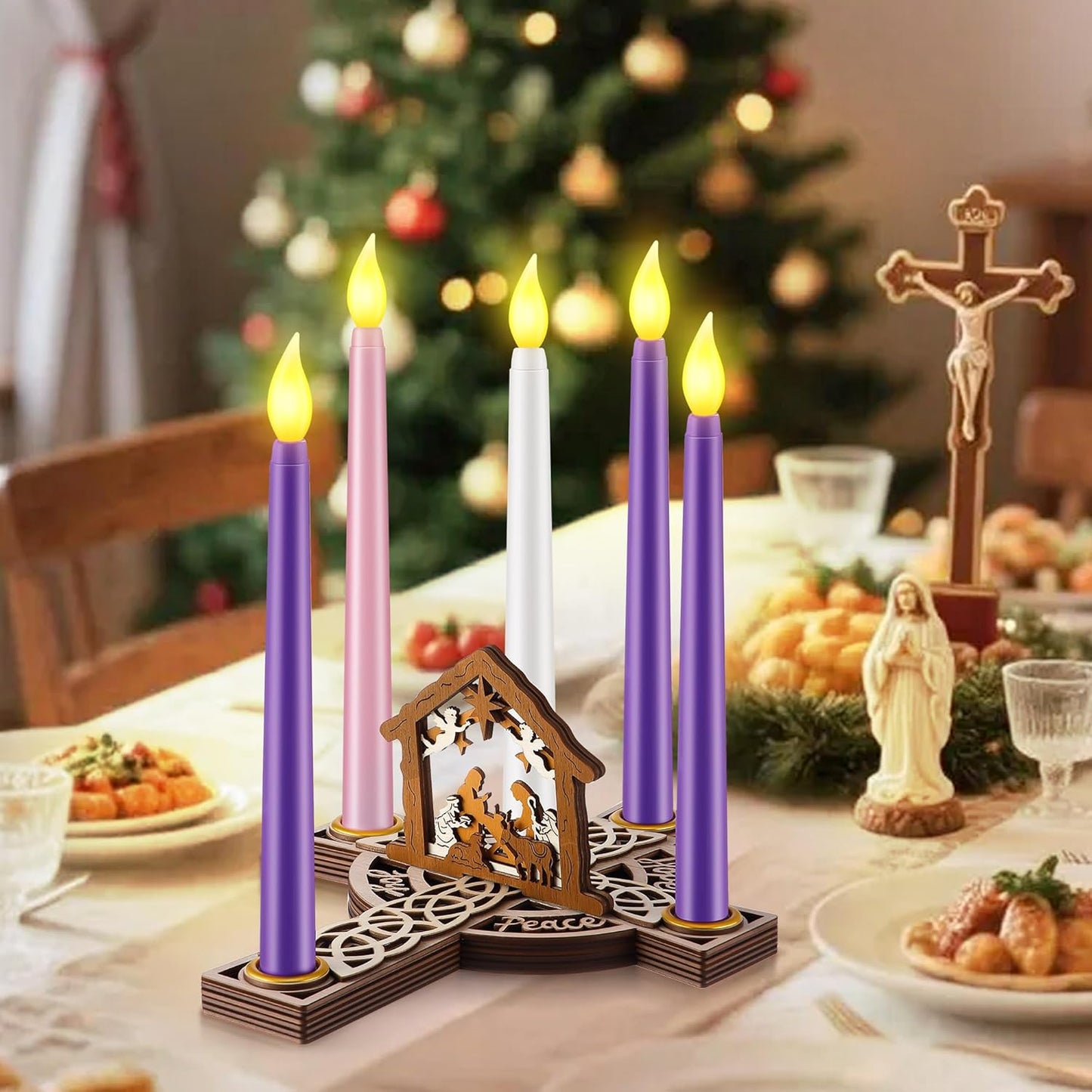 Skiennix Christmas Advent Wreath Candle Holder - 5 Pcs Flameless Candles & Wood Cross Nativity Scene Decor