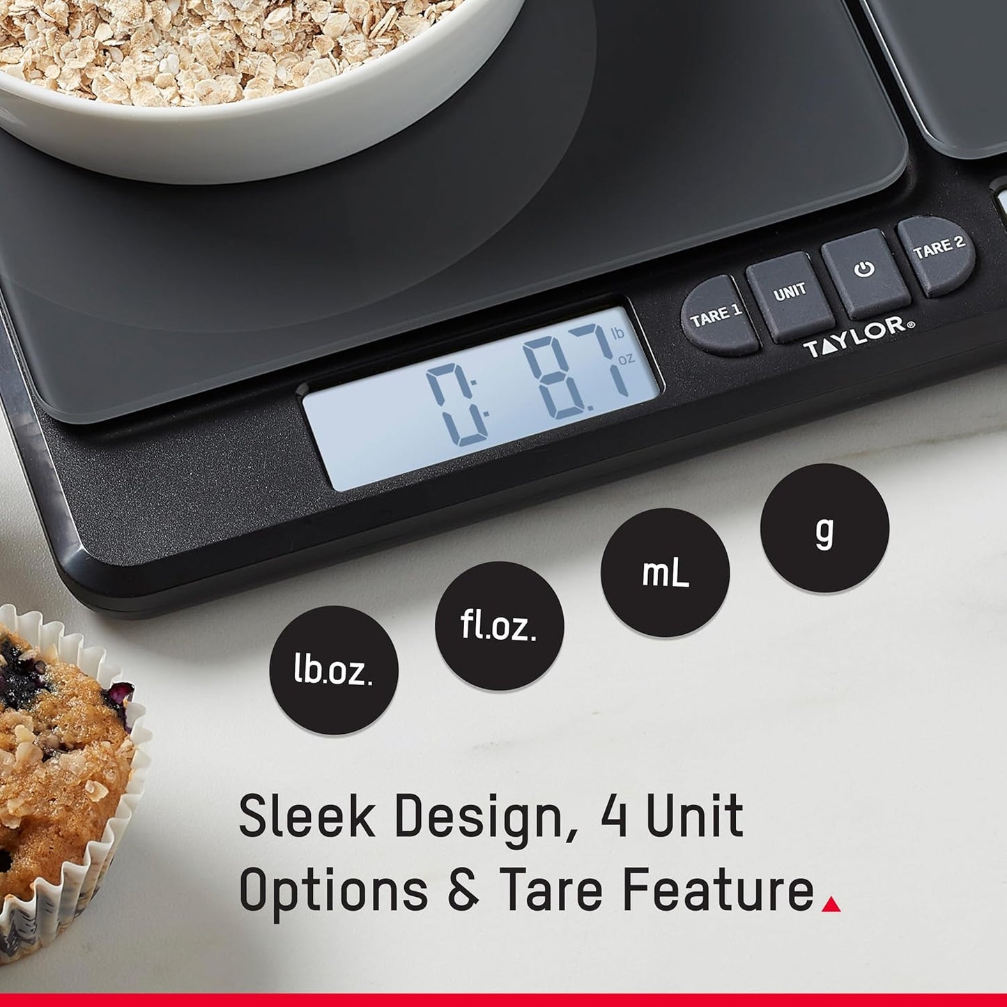 Taylor Kitchen Scale - Dual Platform Digital Grams & Ounces for Weight Loss & Cooking | 15lb Capacity, Black
