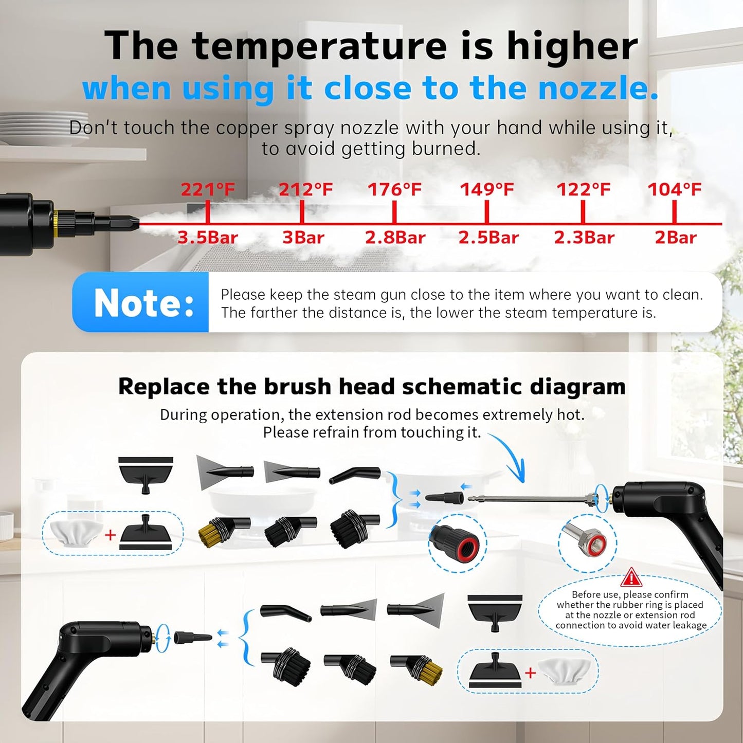 Pressurized Handheld Steam Cleaner - 2500W, 54oz Capacity, 3-Level Adjustable Steam & 15 Accessories for Home & Auto
