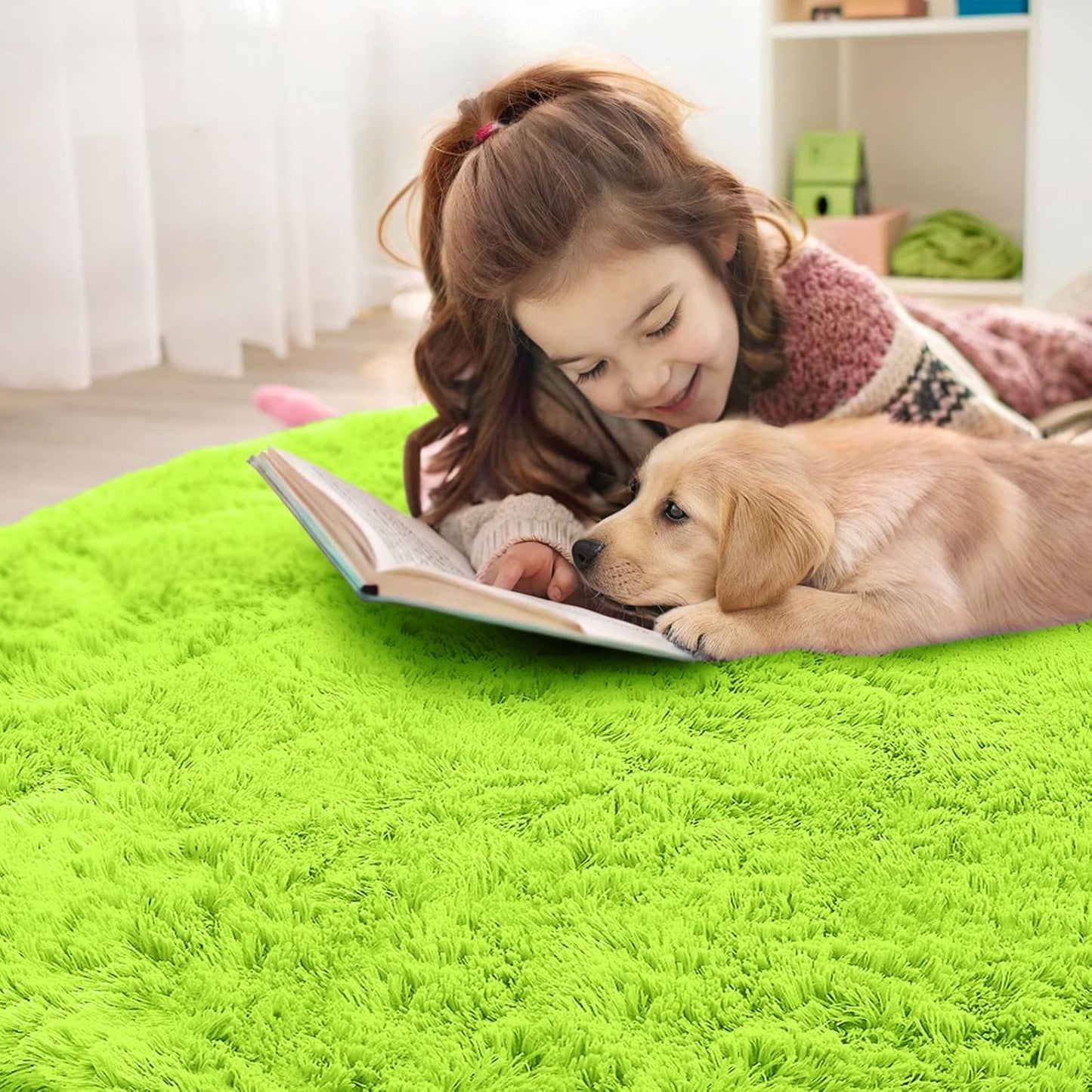 OLANLY Round Lime Green Area Rug - Soft, Fluffy, Machine Washable 4 ft Circle Carpet for Bedroom & Living Room