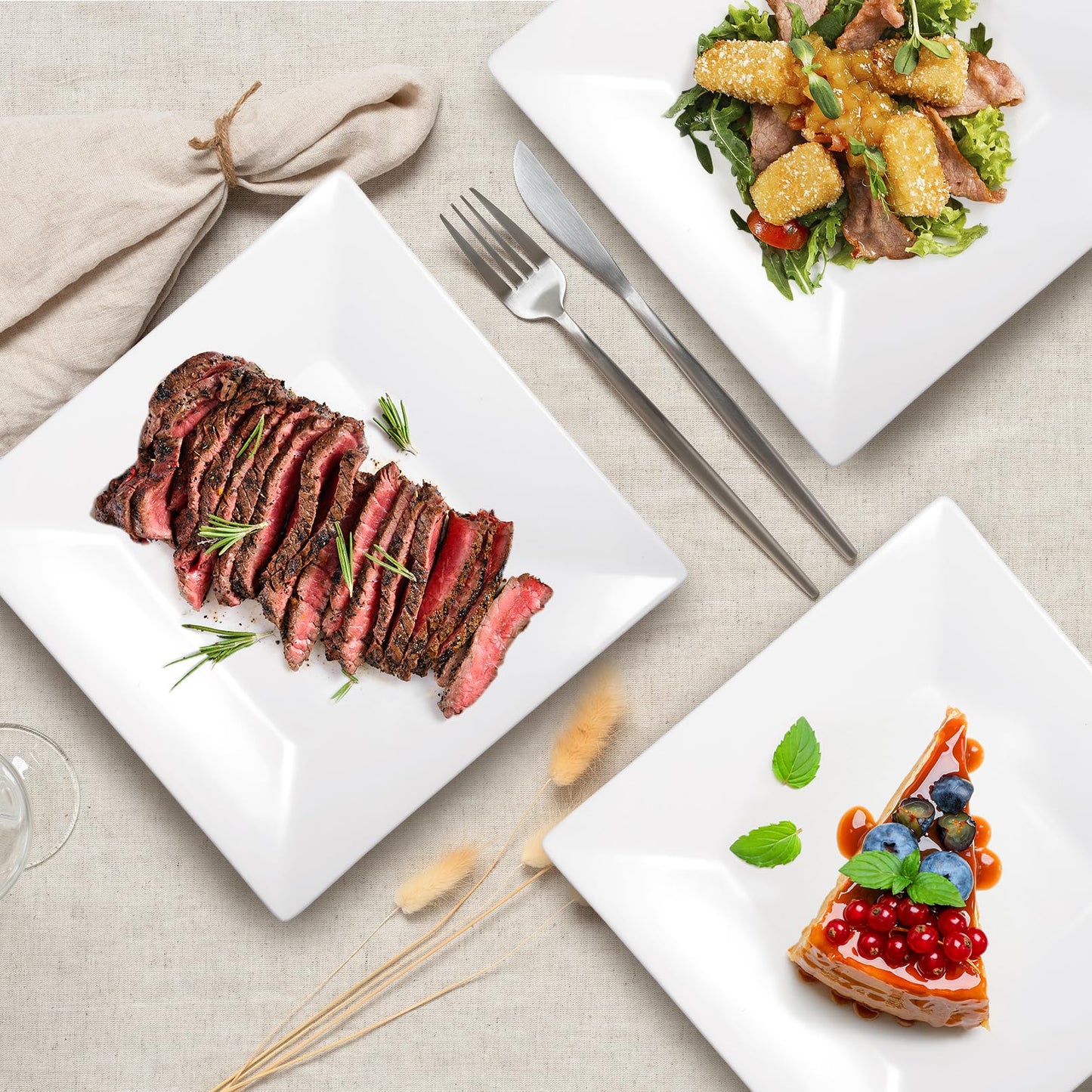 Cabaubl Appetizer Plates Set of 6,8 Inch Porcelain Square Dinner Plates,White Salad Plates,Square Serving Plate for Steak,Pasta,Dessert, Scratch Resistant, Microwave and Dishwasher Safe