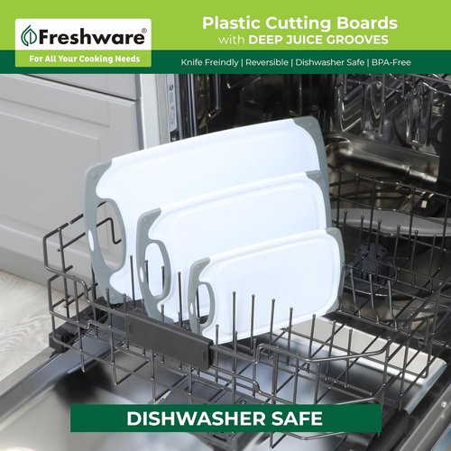 Freshware Cutting Boards - 3-Pack Kitchen Chopping Boards with Juice Grooves & Non-Slip Handles | Reversible, Dishwasher Safe - Gray