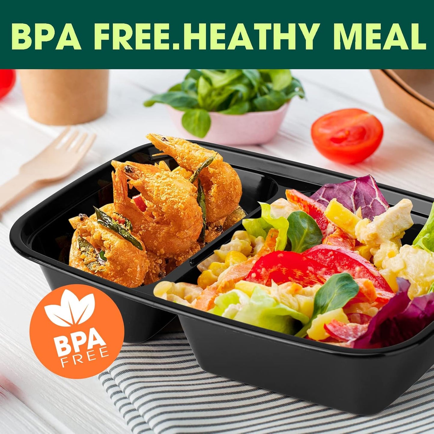 Regine Switzerland 32 oz Meal Prep Containers - 50 Pack Leakproof 2-Compartment Plastic Storage | Microwave & Dishwasher Safe