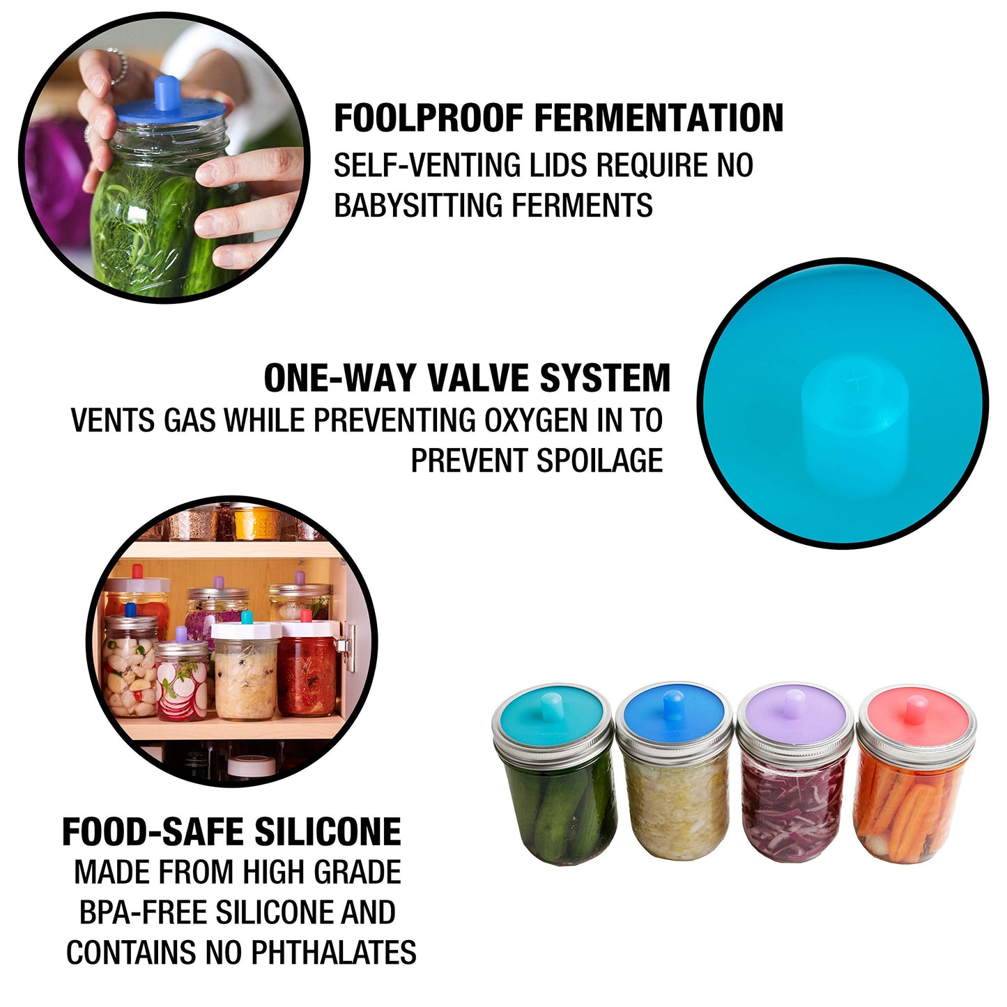 Masontops Pickle Pipes - Waterless Airlock Fermentation Lids - Regular Mouth Mason Jar Fermenter Caps - Premium Silicone