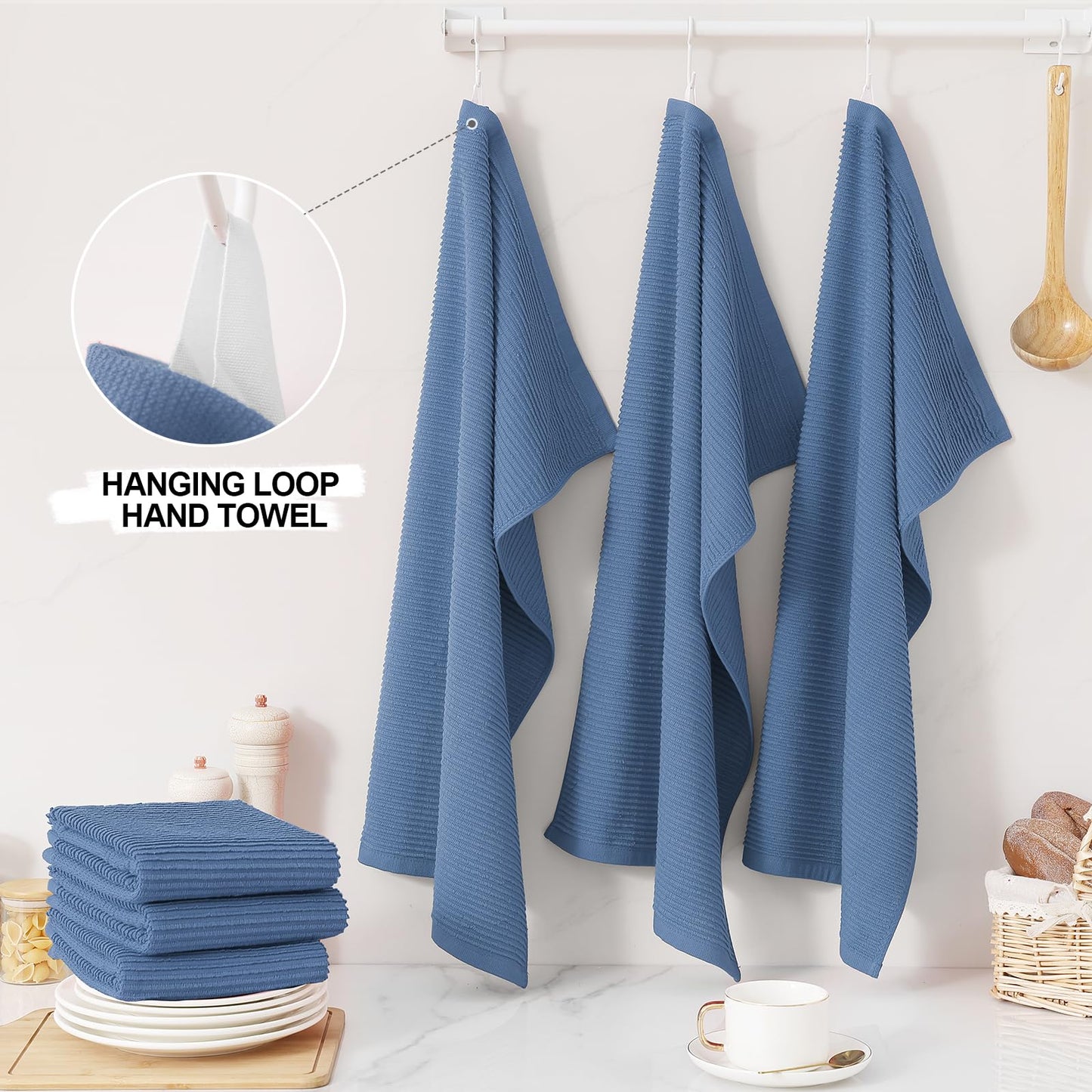 Homaxy Premium Kitchen Towels (18"x 28", 8 Pack), Large 100% Cotton Kitchen Hand Towels, Ultra Absorbent Ribbed Terry Tea Towels Set with Hanging Loop, Black