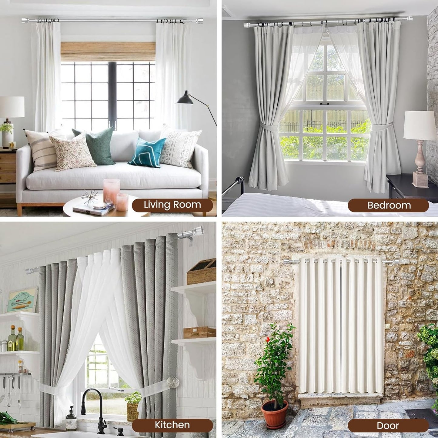 Silver Curtain Rod by [Brand Name] - Heavy Duty Adjustable Telescopic Design | Fits 30-54 Inch Windows