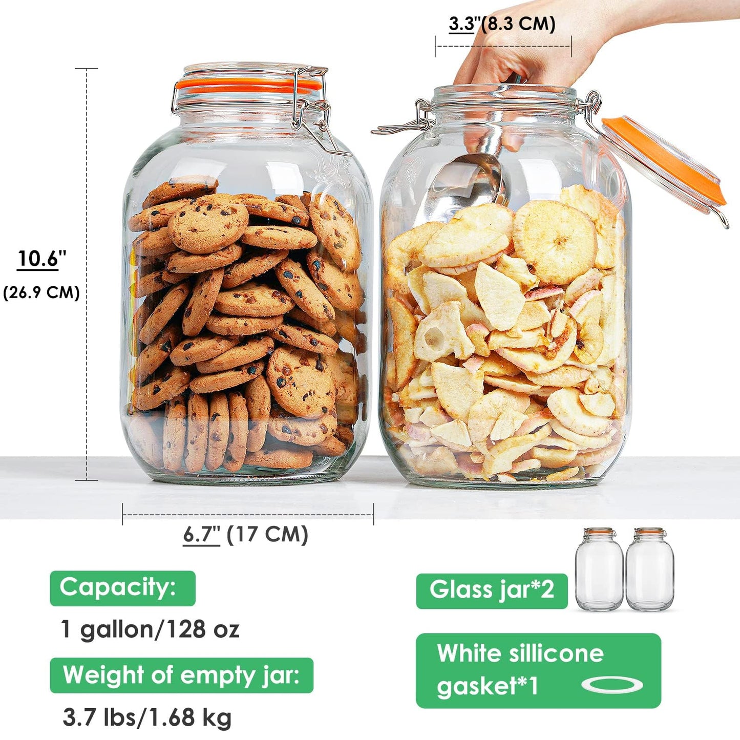 Qianfenie Glass Jars with Airtight Lids, 2 Pack Large Mason Jars with Replacement Silicone Seal, 1 Gallon Heavy-duty Food Storage Container for Fermentation, Pickling Eggs, Canning, Sun Tea, Snack