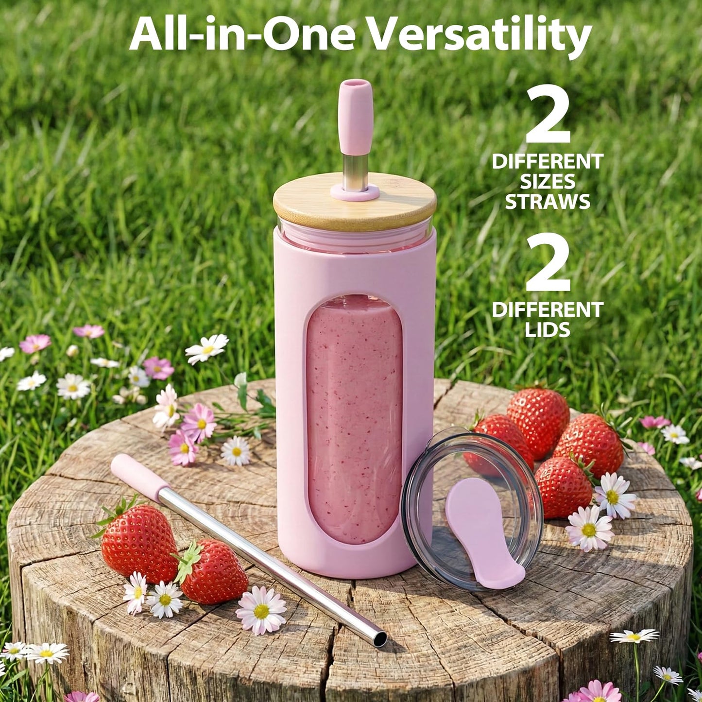 Sursip 20 oz Glass Tumbler with Lids and Straws, Reusable Borosilicate Glass Iced Coffee Cup with Bamboo Lid for Smoothie Boba Juice,Travel BPA-Free - Pink