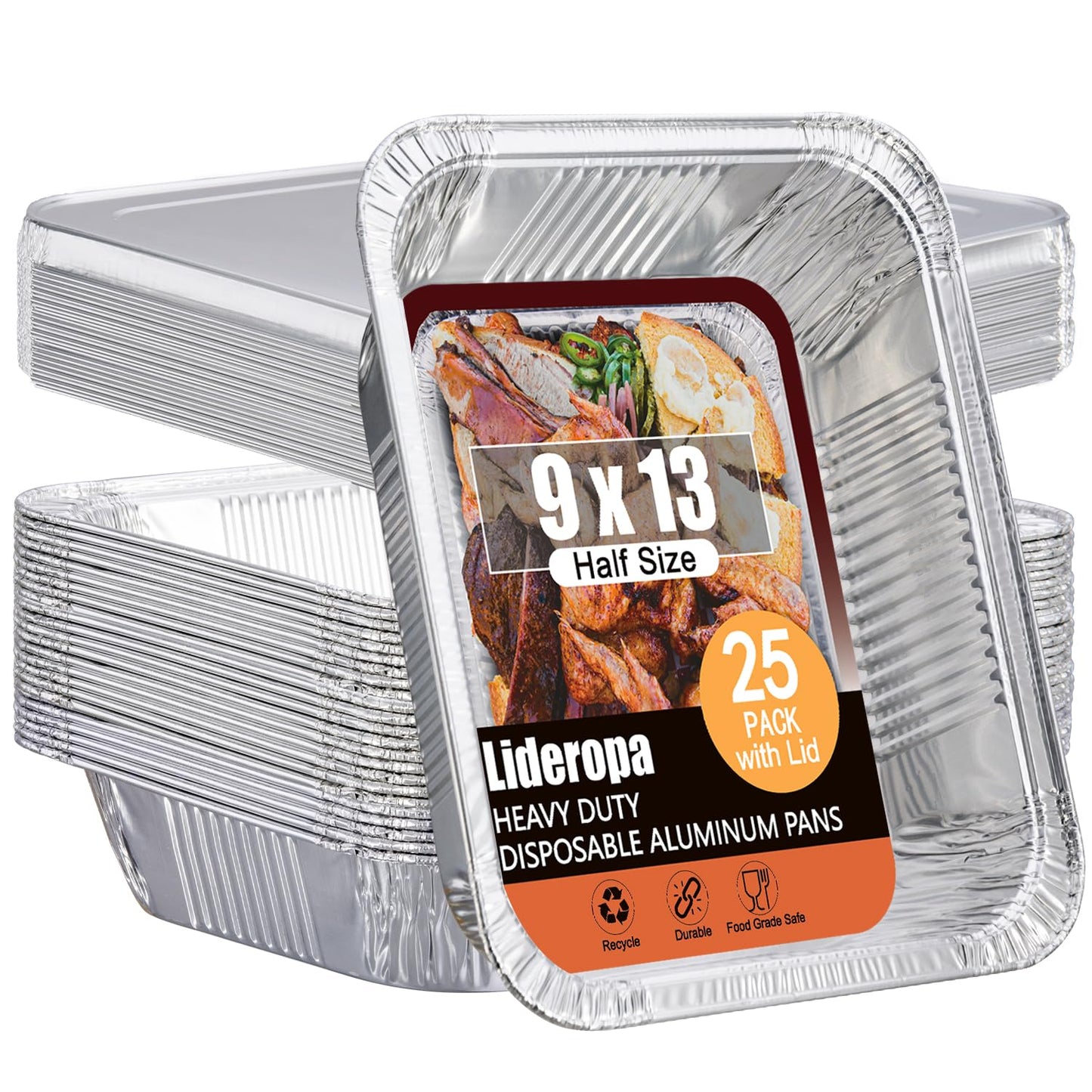 Lideropa Disposable Aluminum Foil Pans with Lids 9x13-25 Pack Aluminum Foil Pans, Heavy Duty Aluminum Baking Pans for Holiday Cooking, Christmas, Thanksgiving, Parties, Meal Prep & Storage