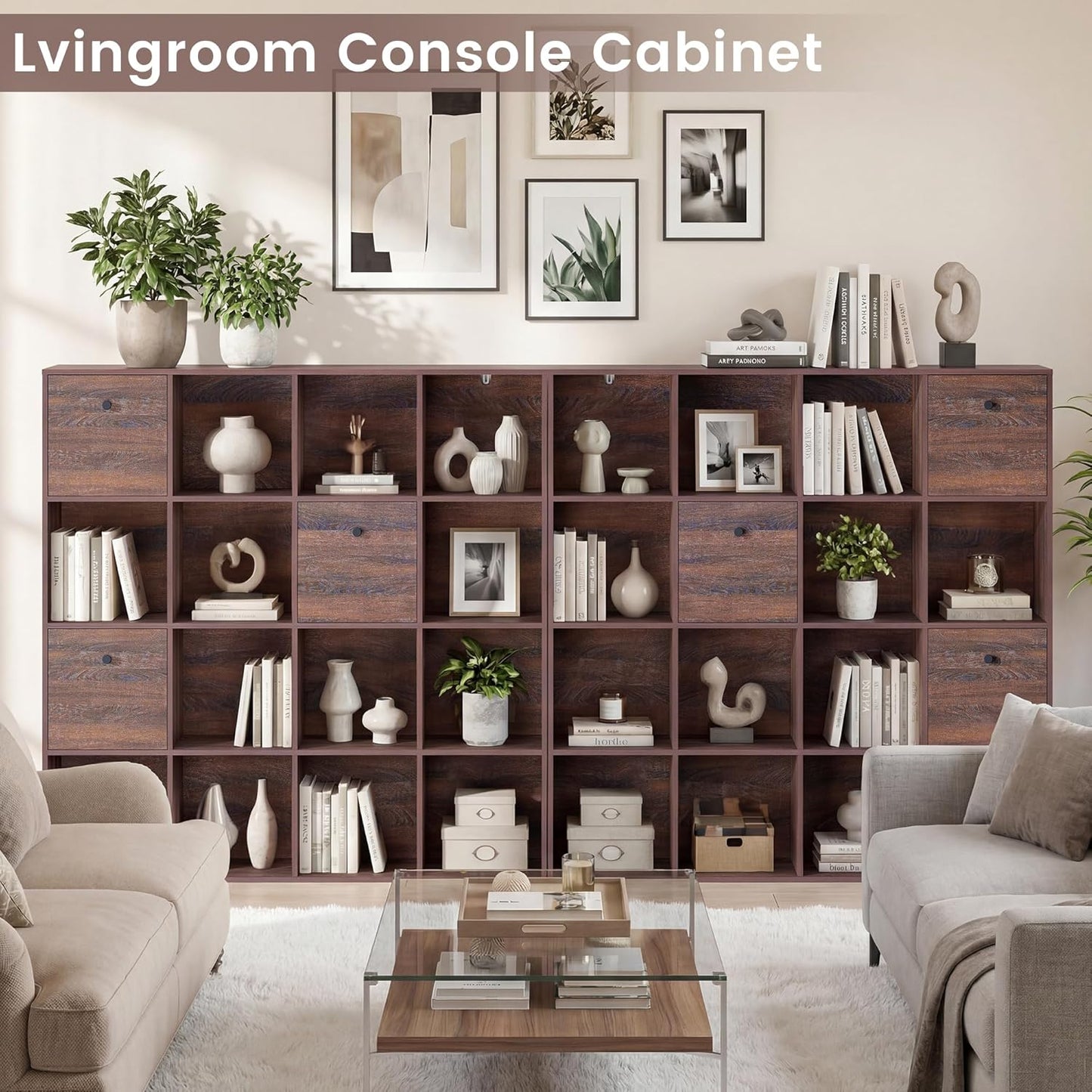 Walnut 16-Cube Storage Organizer - Stylish Wooden Bookcase with 3 Drawers | 47" Wide Freestanding Shelf for Home Office & Library