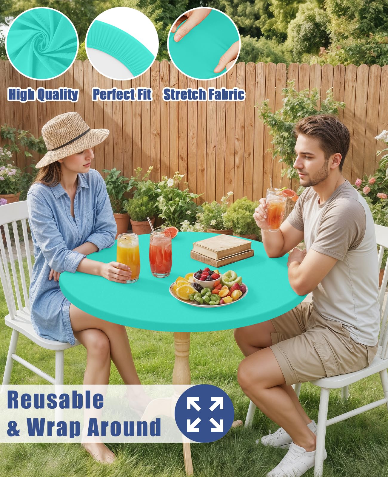 Moosfor Round Spandex Tablecloth, Elastic Fitted Waterproof Tablecloths for 57"-68" Tables, Stretch Washable Picnic Table Cover for Camping, Dining, Indoor and Outdoor,Aqua Blue
