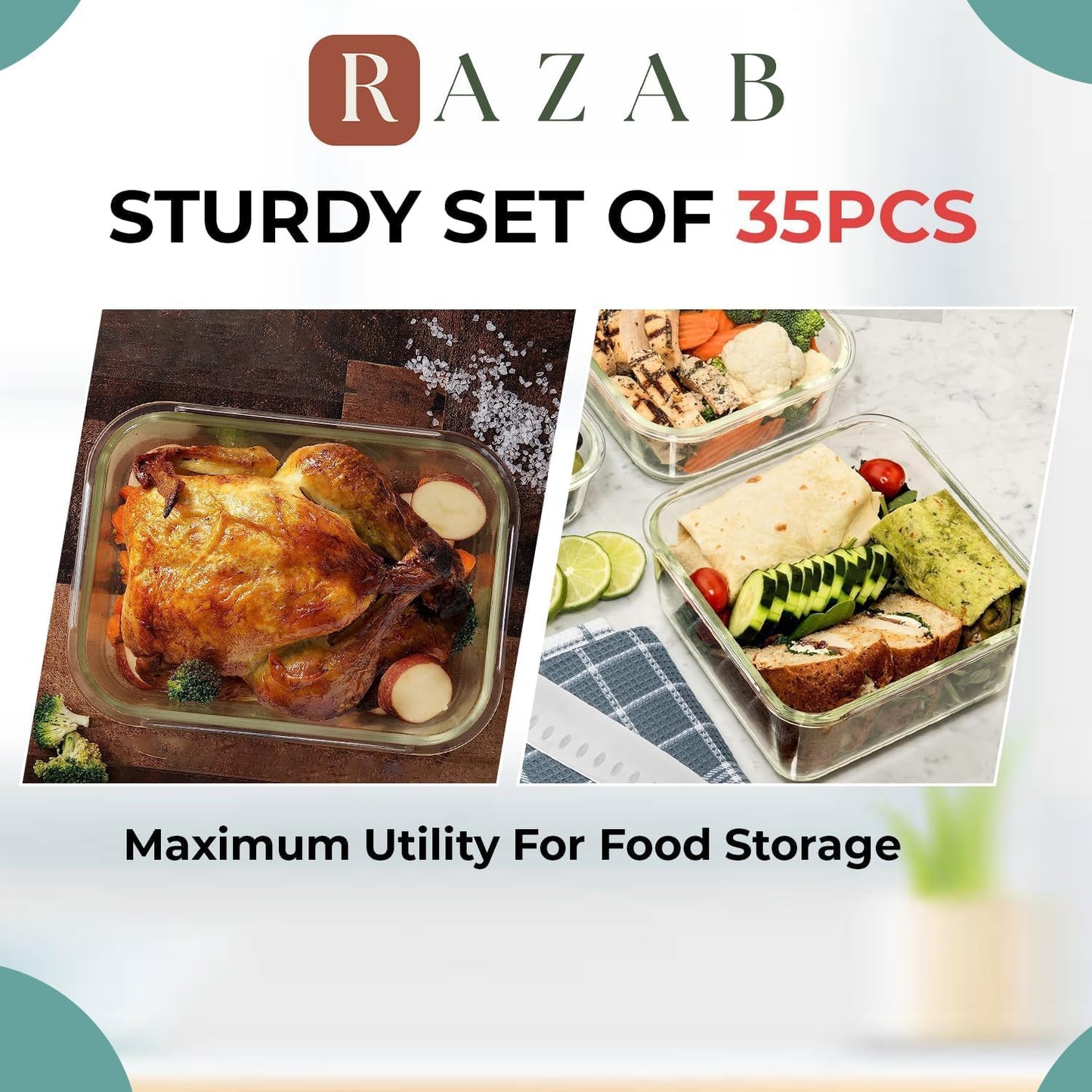 Razab 35-Piece Glass Food Storage Container Set - Airtight, BPA-Free Meal Prep Bento Boxes | 100% Leak Proof