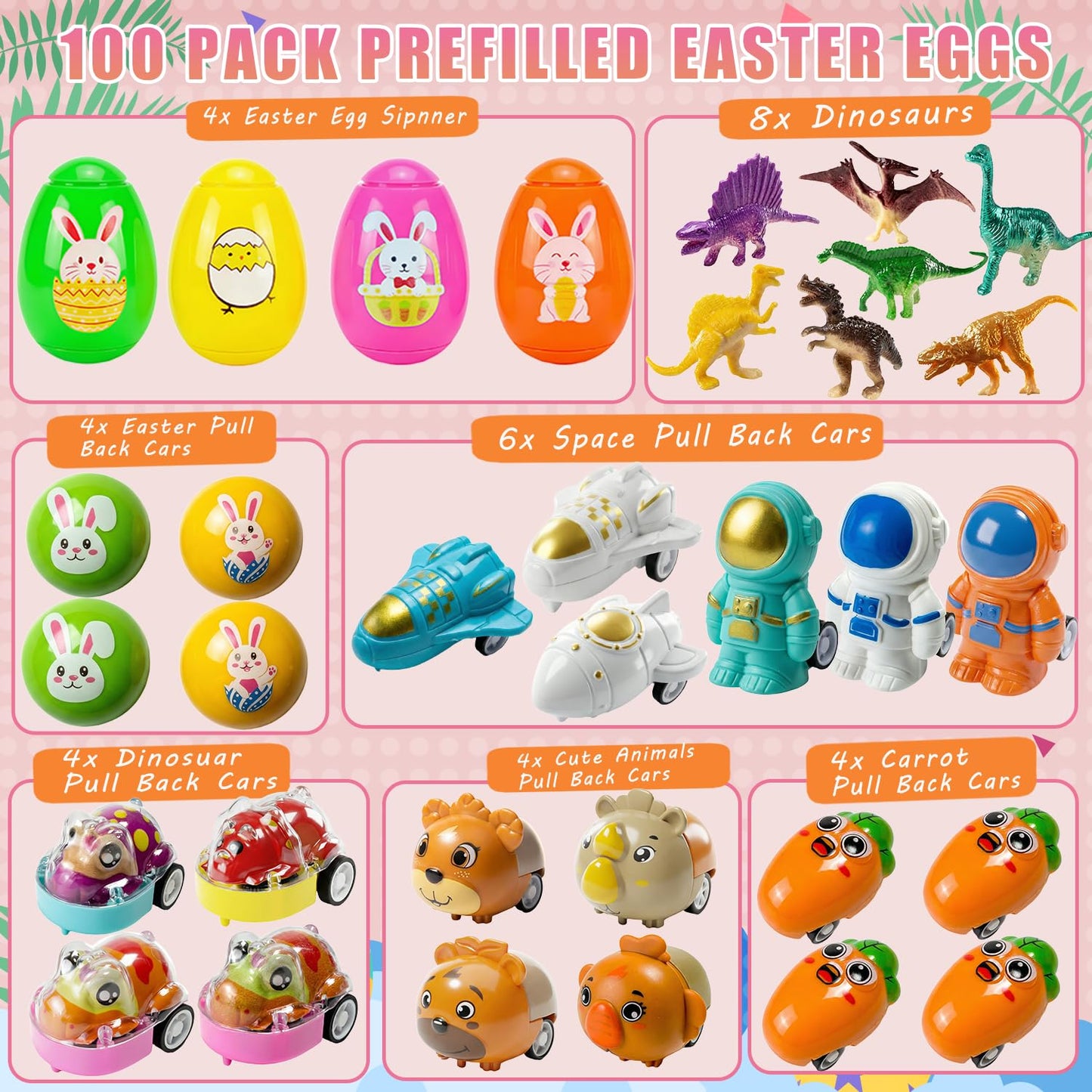 SQZUWIT 100 Pcs Prefilled Easter Eggs Filled with Toys Inside for Kids Boys Girls Pre-filled Easter Hunt Basket Stuffers Essentials Fillers Party Favors Classroom Prize Supplies