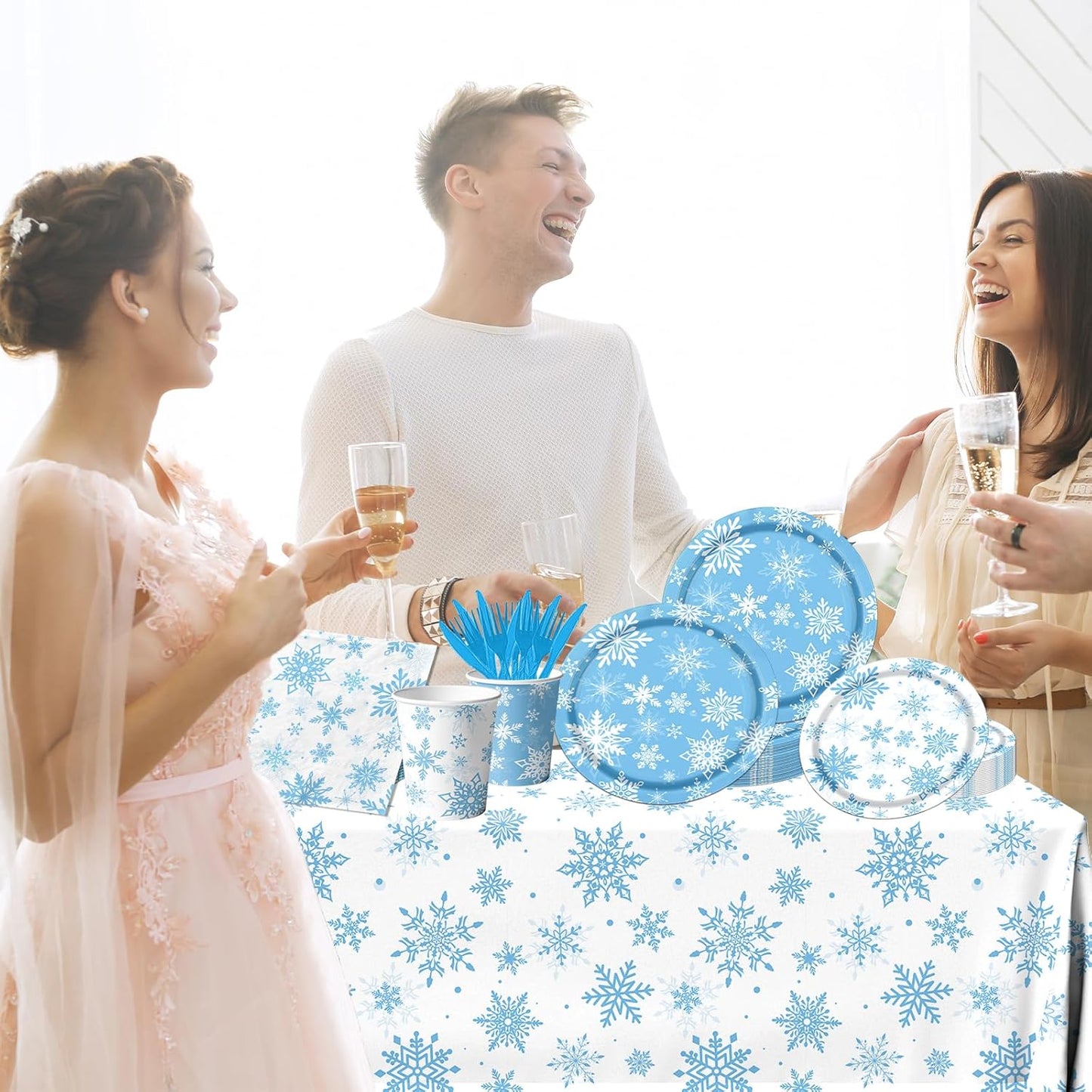 Regine Switzerland 142-Piece Winter Snowflake Party Set - Blue & White Tableware for Christmas & New Year Celebrations