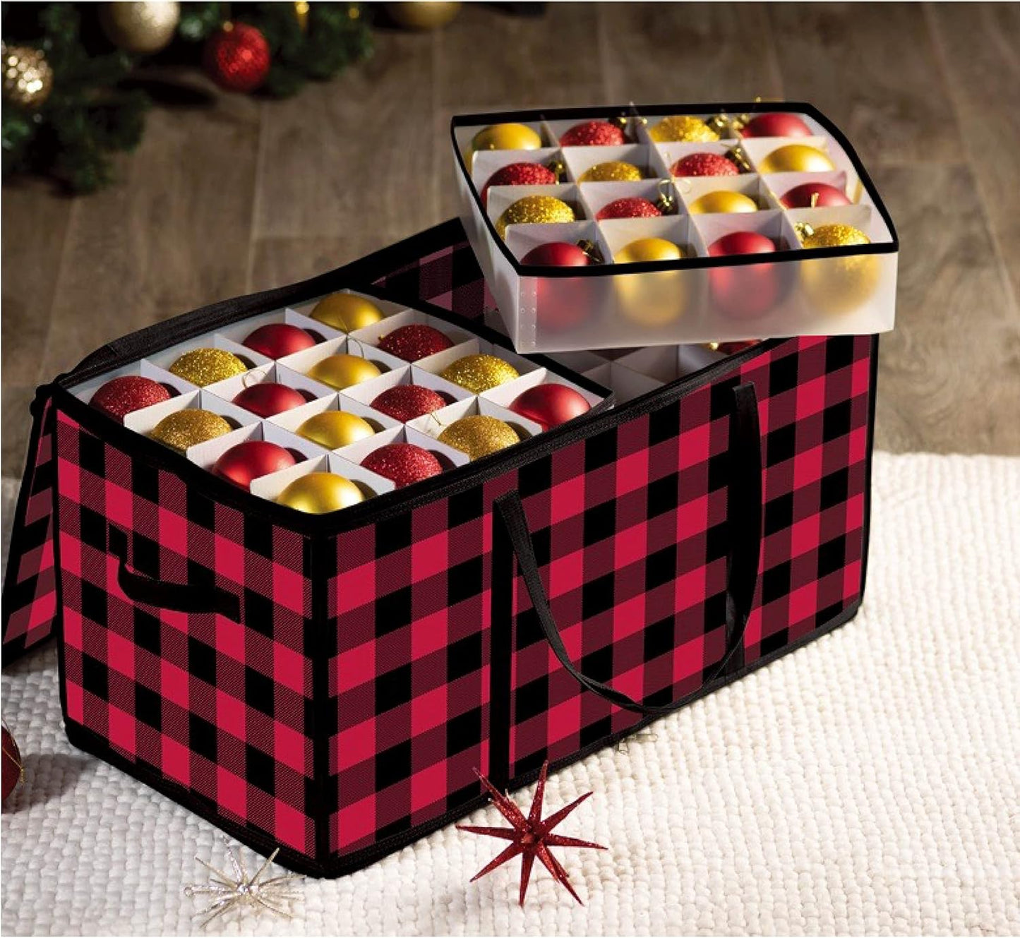 ZOBER Christmas Ornament Storage Box - Durable Plastic Organizer for 128 3" Ornaments - Plaid Design