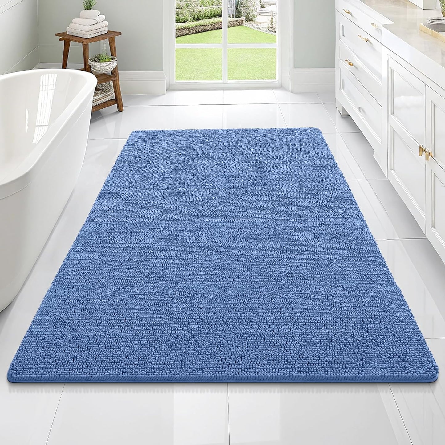 OLANLY Large Chenille Bath Rugs - Soft, Absorbent & Quick-Dry | 70x46, Rubber Backing, Cornflower Blue