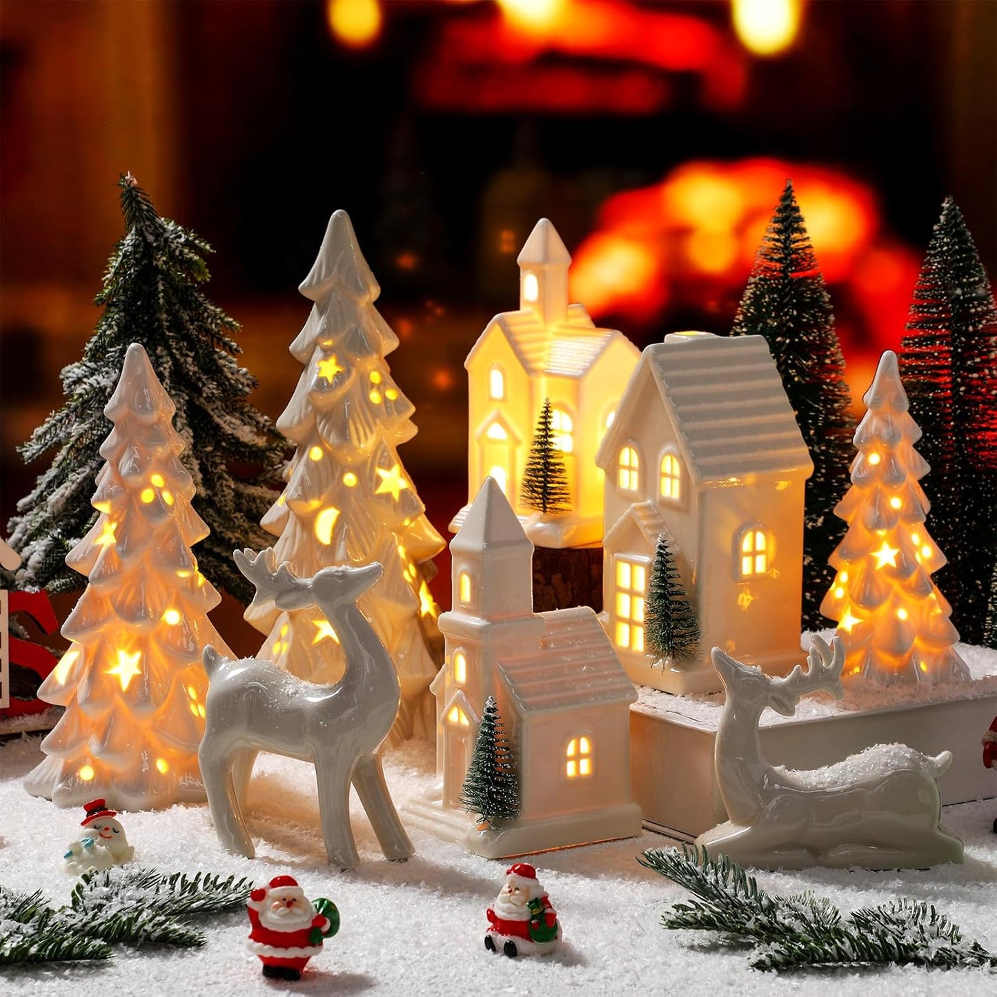 Nuogo Light Up Ceramic Christmas Trees Set - 6 Pcs White LED Decor with Glitter Snow for Holiday Tables