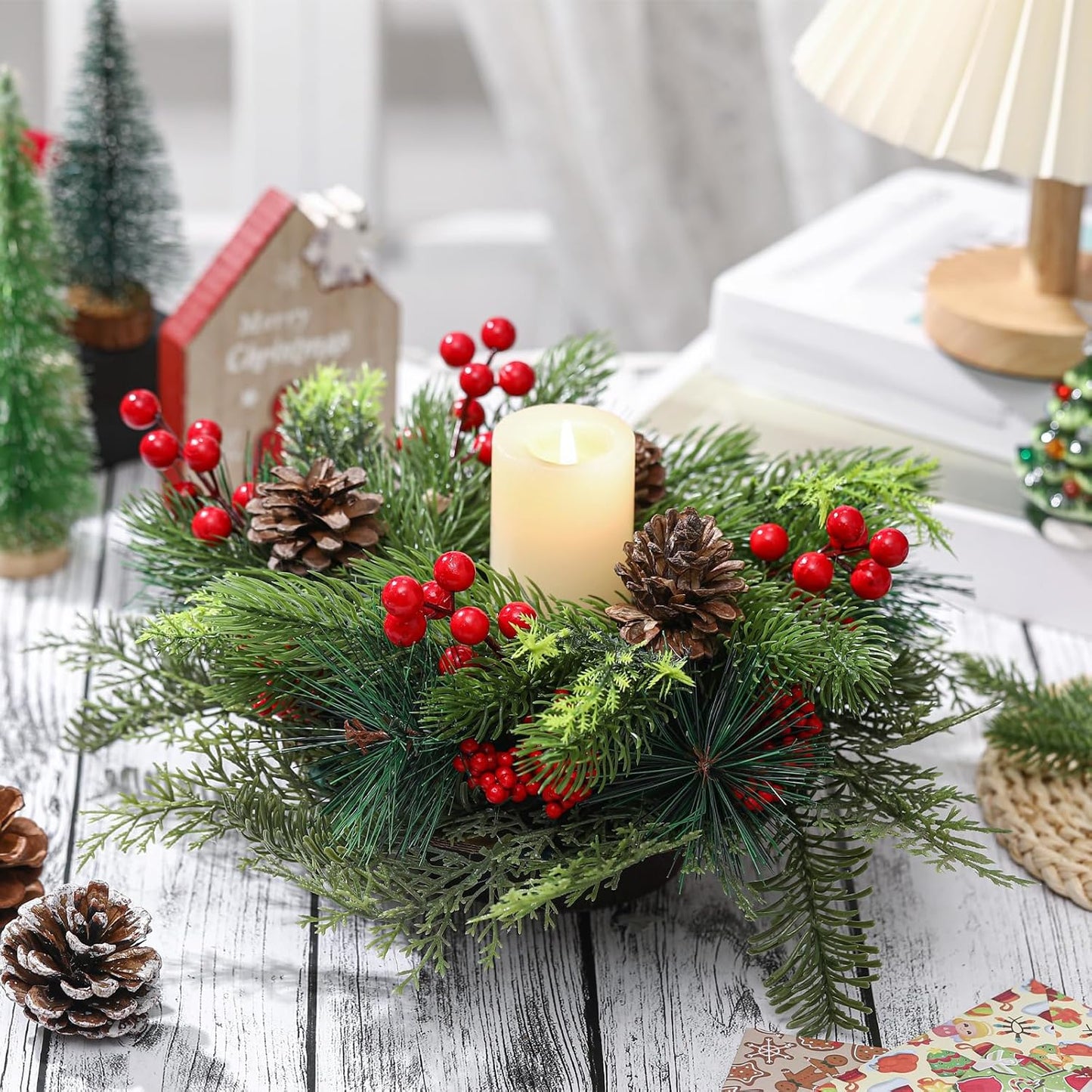 Mumufy Christmas Centerpiece Candle Holder - 12 Inch Mini Tabletop Decoration with Pine Cones & Red Berries