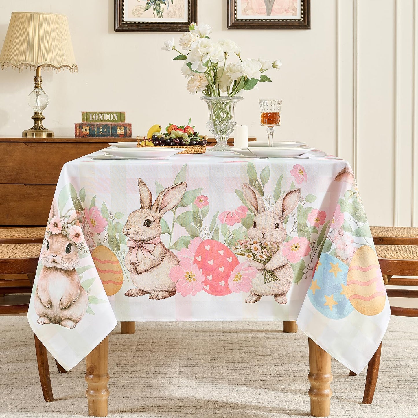 Romanstile Spring Easter Rectangle Tablecloth 60 x 84 Inch, Bunny & Eggs Buffalo Check Plaid Table Cloth Waterproof Fabric Table Cover for Dinner Picnic Indoor Outdoor, Gradient