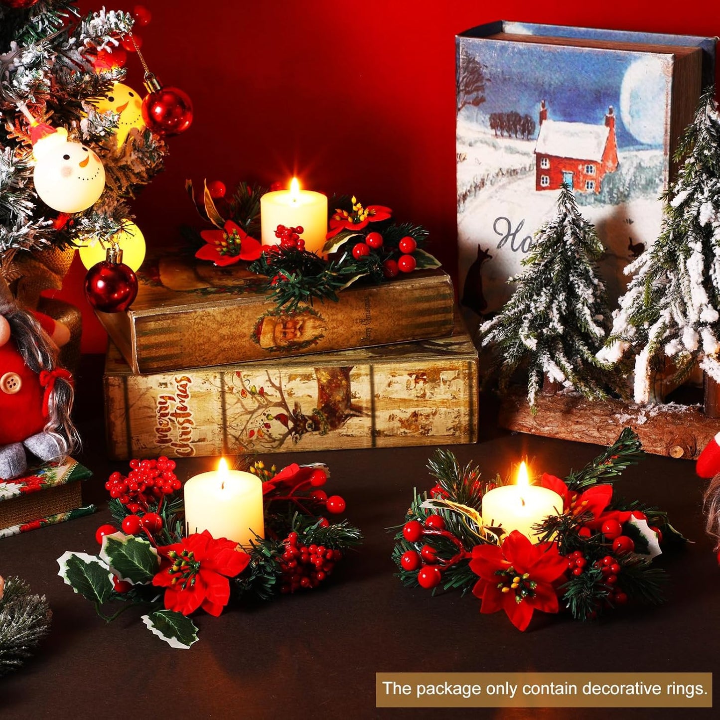 Yilloog Mini Christmas Candle Rings - 8 Sets of Berry & Pinecone Wreaths for Festive Table Decor