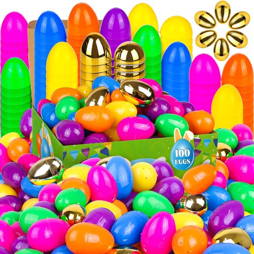 100 Pack 2.4" Colorful Fillable Easter Eggs with 6 Surprise Golden Eggs, Plastic Easter Egg Empty for Easter Egg Hunt Party Favors Kids Easter Basket Stuffers Fillers Classroom Prizes for Boys Girls
