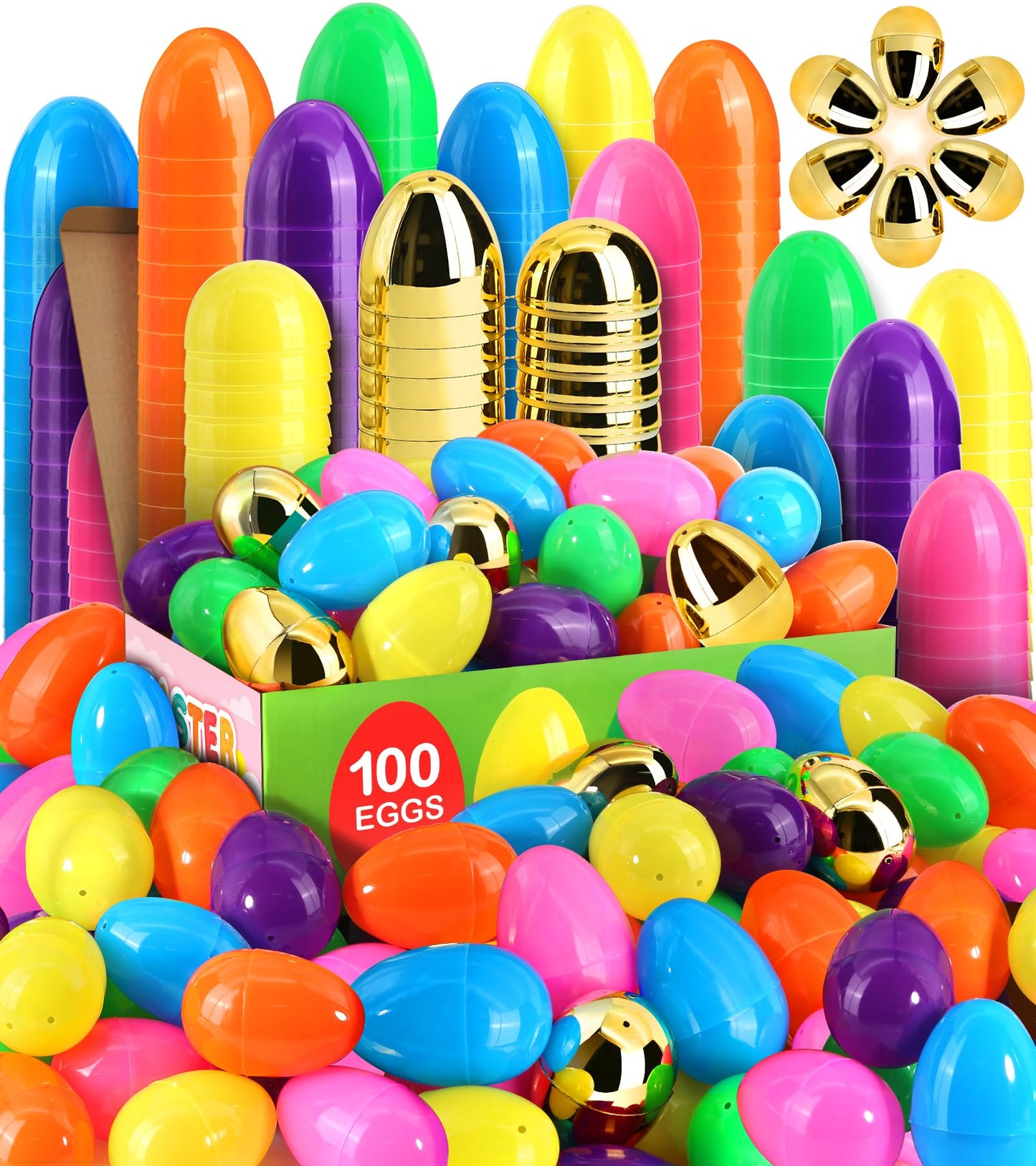[6 Surprise Golden Eggs] 100 Pack 3 Inch Large Easter Eggs, Empty Easter Eggs Fillable, Bright Colors Plastic Eggs Bulks for Easter Hunt, Easter Party Favor, Basket Stuffers Fillers